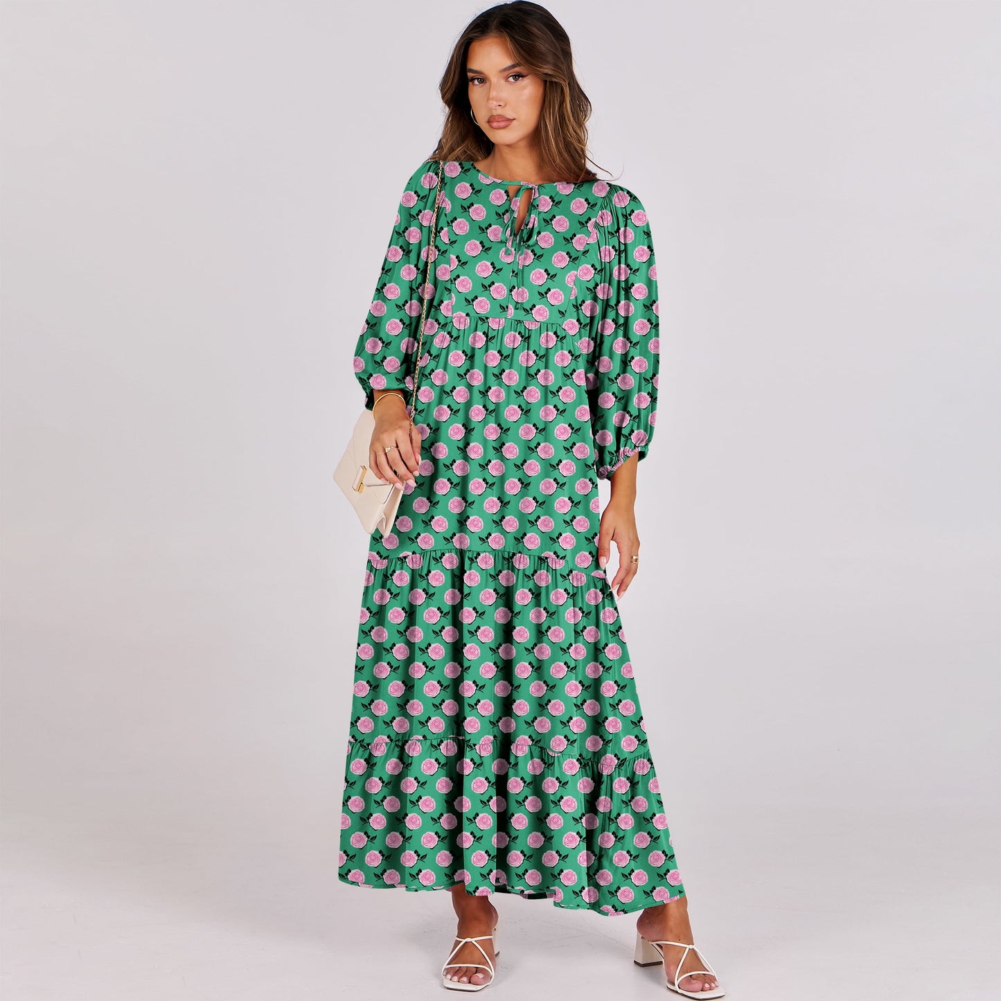 Luniro Maxi Dresses for Women Floral V Neck 3/4 Puff Sleeve 2025 Boho Summer Wedding Guest Dress