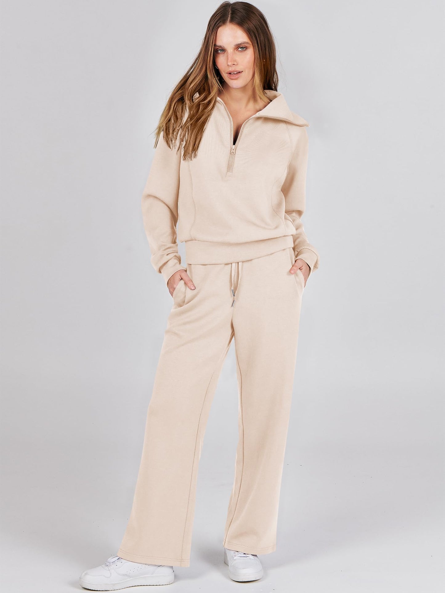 Luniro Women 2 Piece Sets Lapel Half Zip Sweatshirt And Pants Sweatsuit Airport Outfits Matching Set