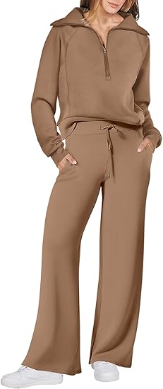Luniro Women 2 Piece Sets Lapel Half Zip Sweatshirt And Pants Sweatsuit Airport Outfits Matching Set