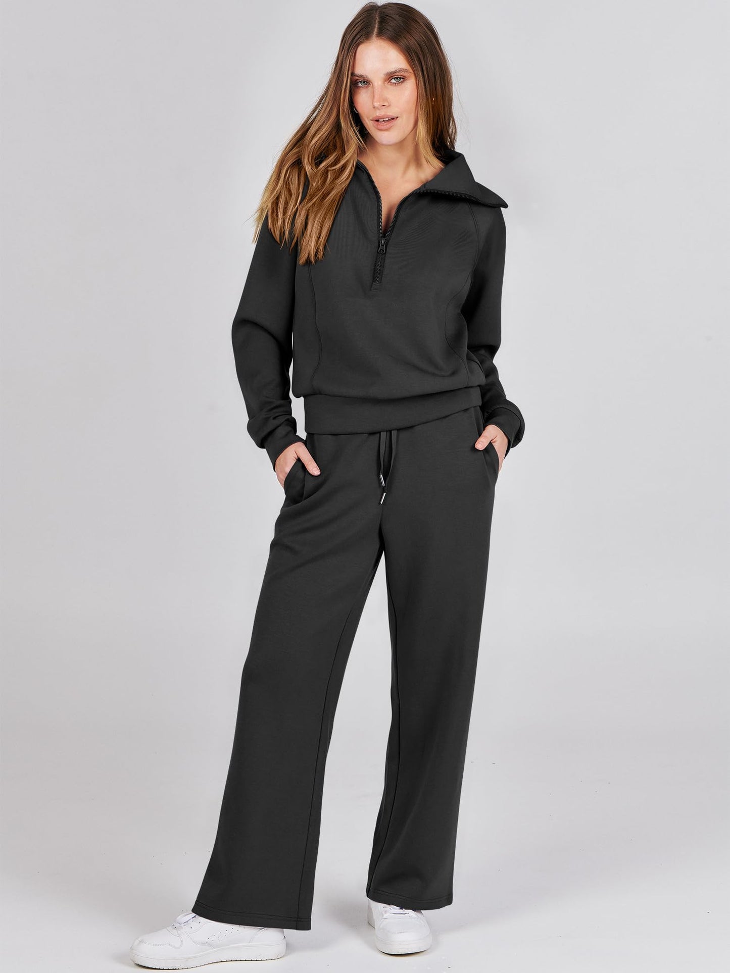Luniro Women 2 Piece Sets Lapel Half Zip Sweatshirt And Pants Sweatsuit Airport Outfits Matching Set