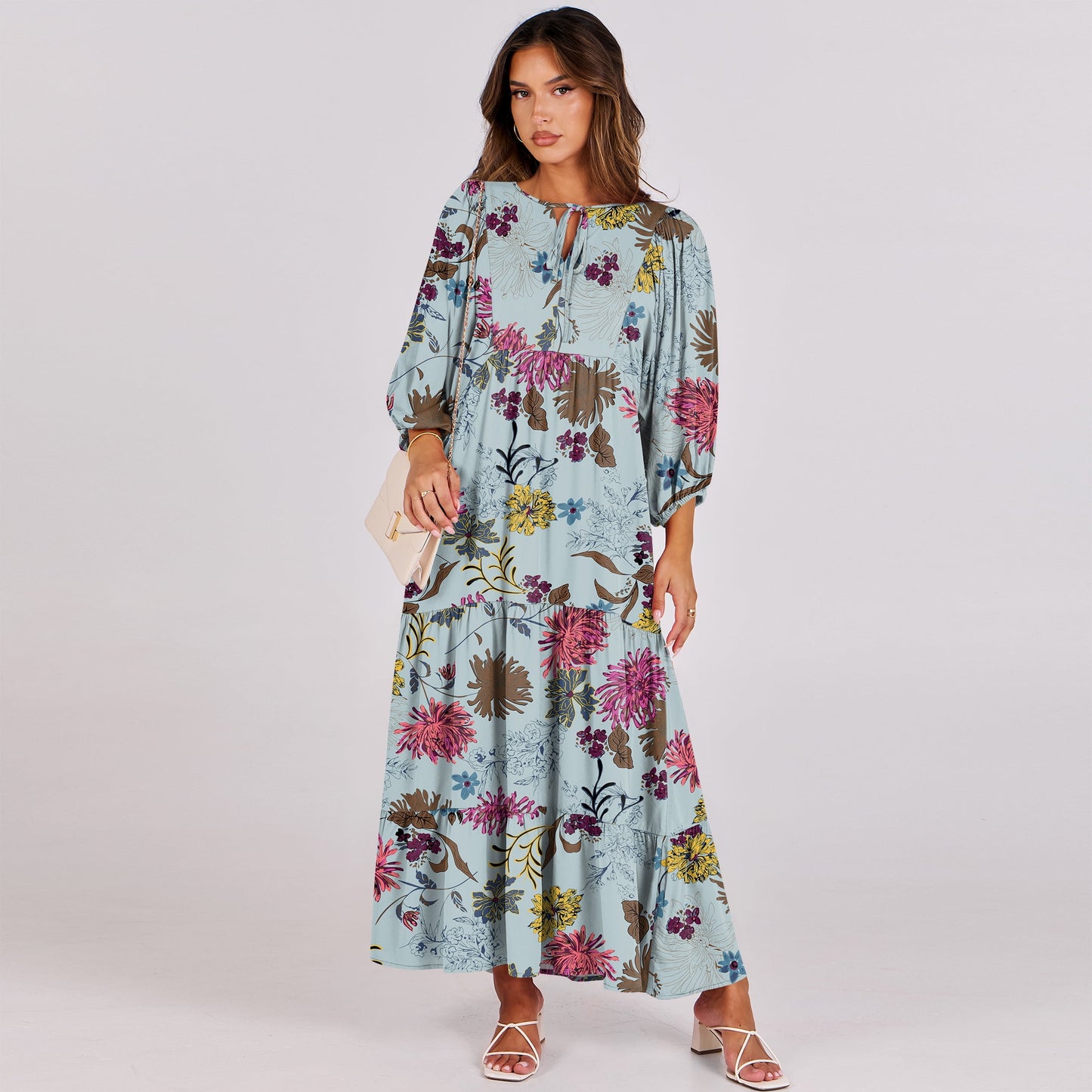 Luniro Maxi Dresses for Women Floral V Neck 3/4 Puff Sleeve 2025 Boho Summer Wedding Guest Dress