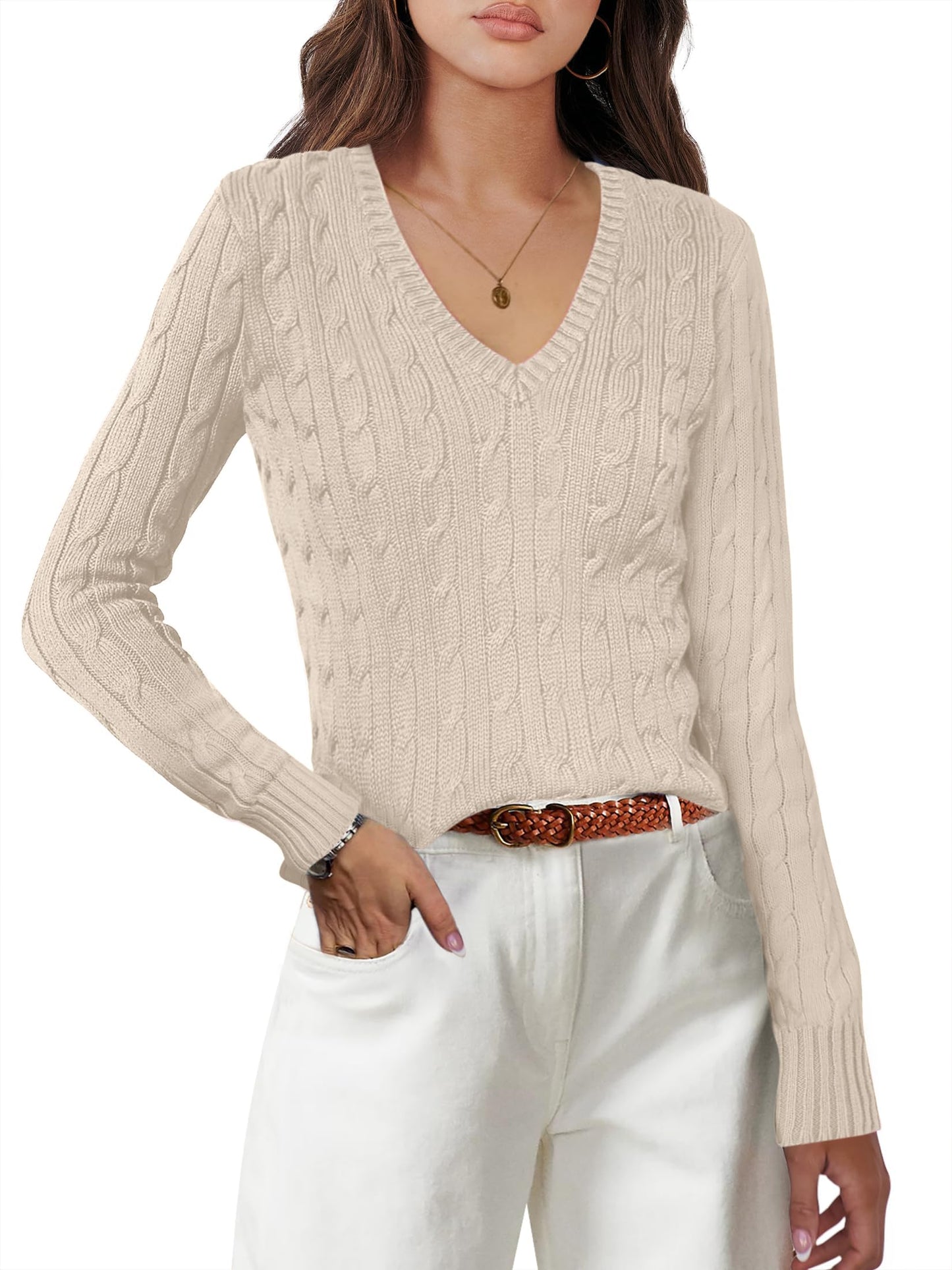 Luniro Women's Cable Knit Sweater V Neck Pullover Sweaters Fall Tops Business Casual Outfits Clothes