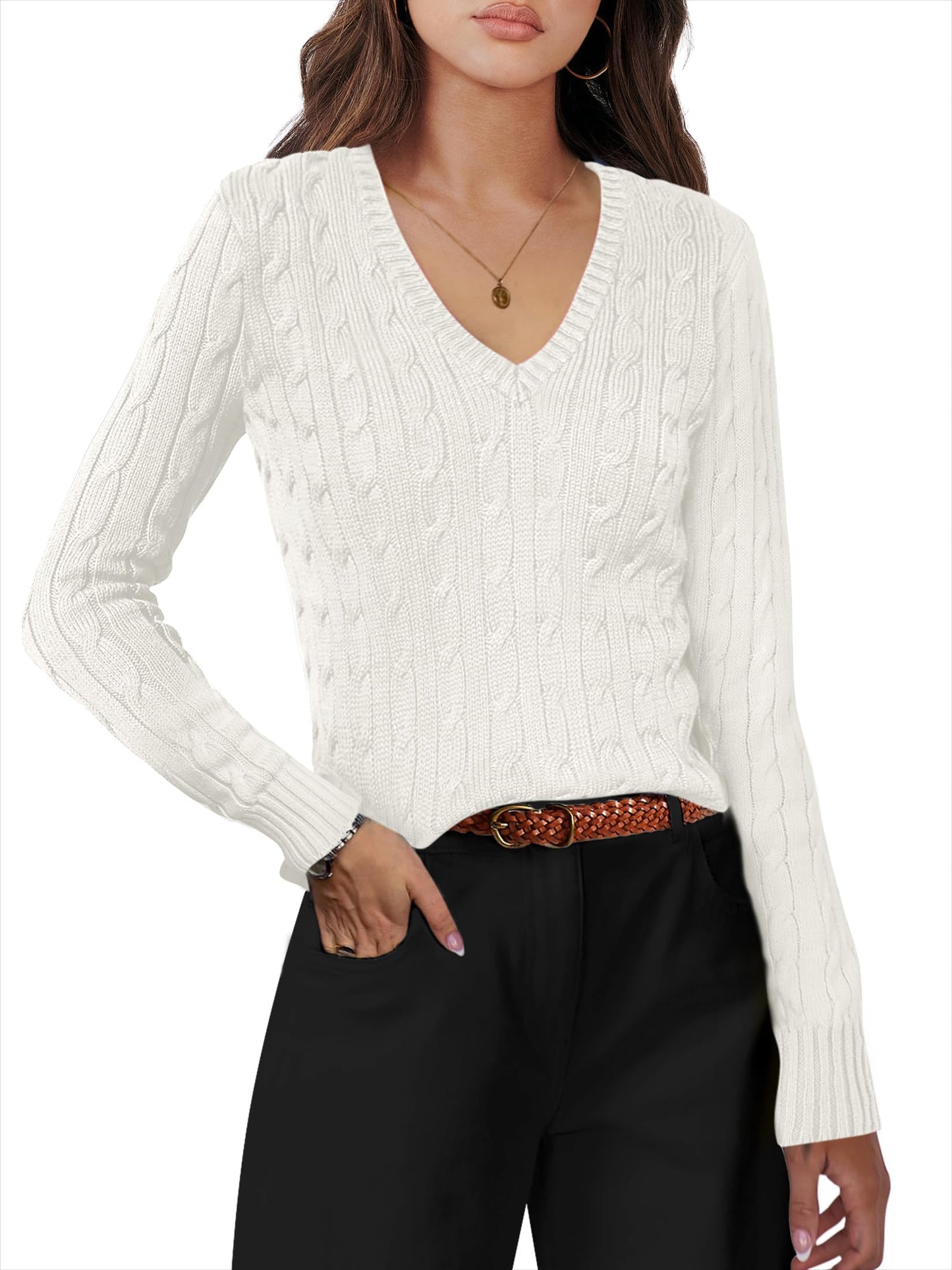 Luniro Women's Cable Knit Sweater V Neck Pullover Sweaters Fall Tops Business Casual Outfits Clothes