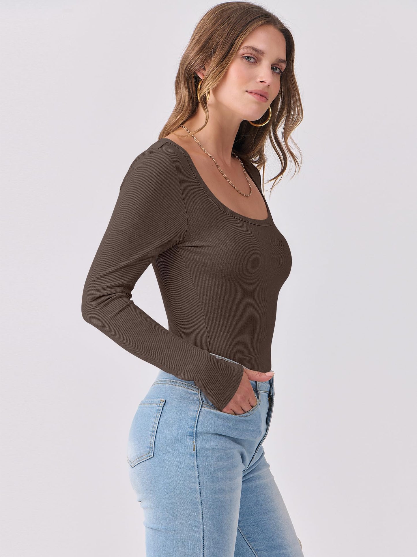 Luniro Women Scoop Neck Long Sleeve Shirts Ribbed Slim Fit Casual Top Undershirt Fall Trendy Clothes