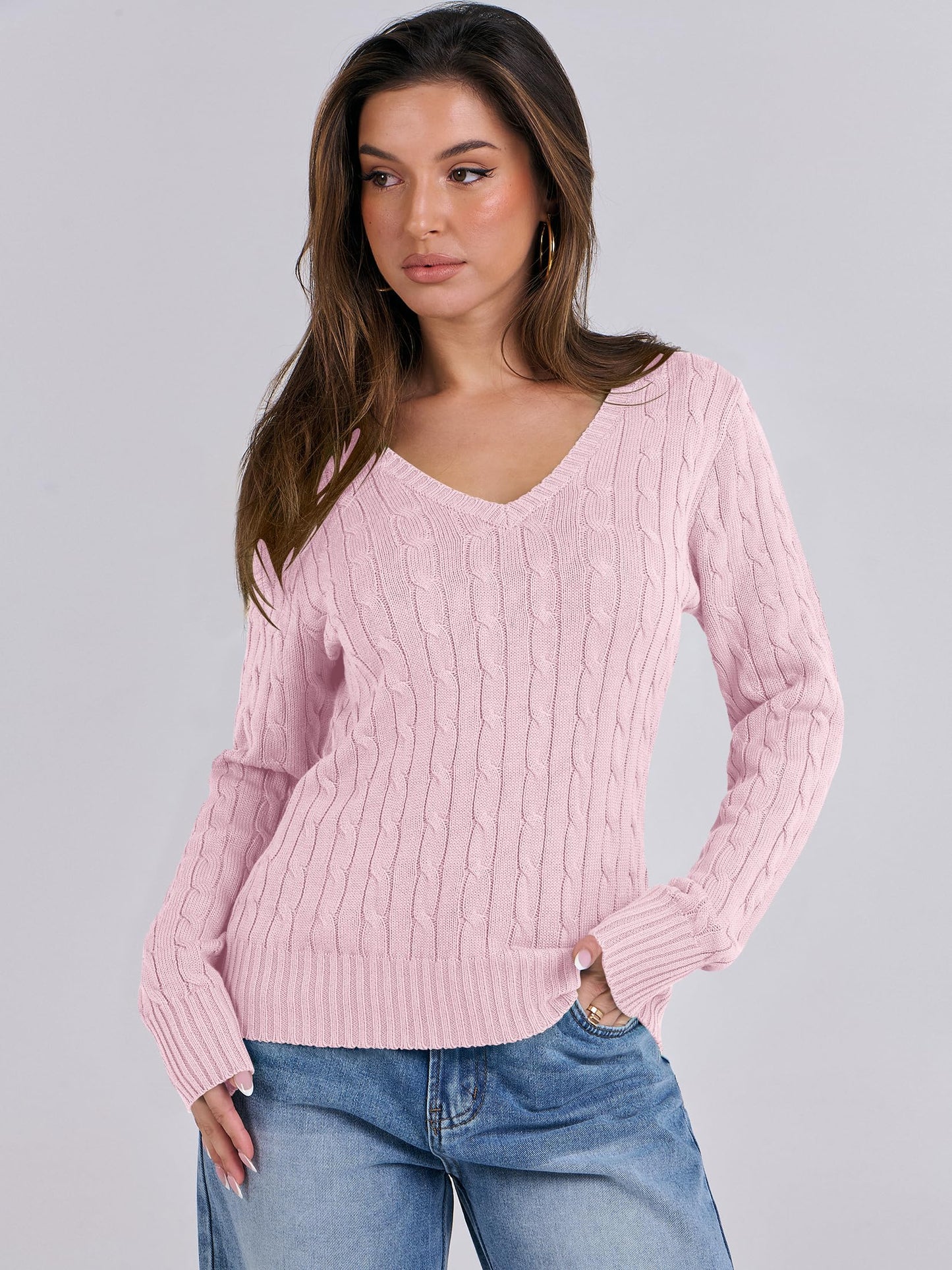 Luniro Women's Cable Knit Sweater V Neck Pullover Sweaters Fall Tops Business Casual Outfits Clothes