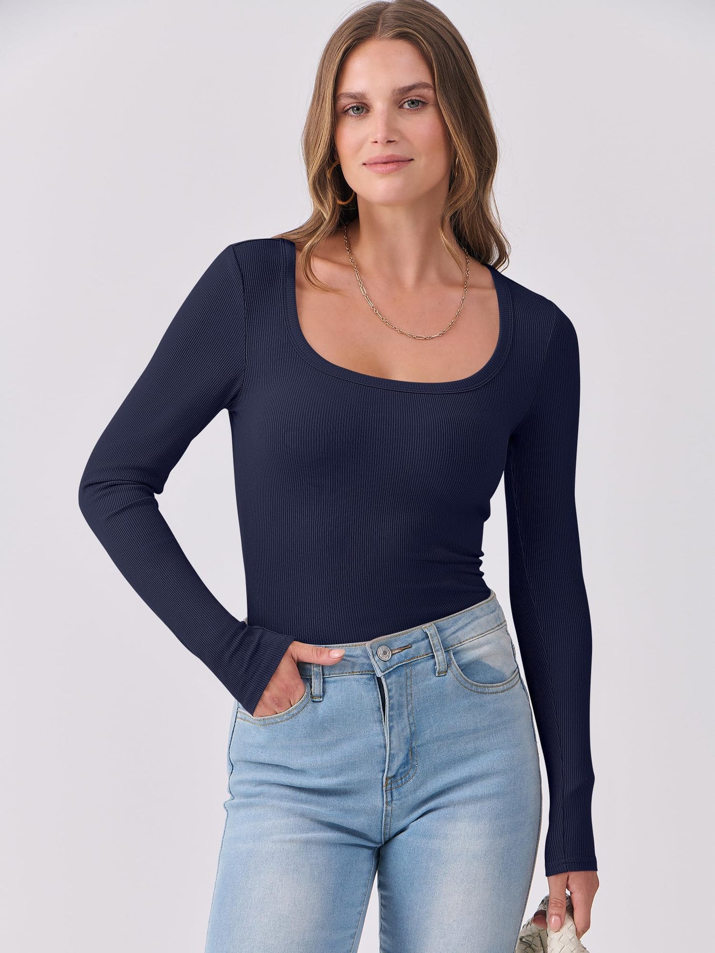 Luniro Women Scoop Neck Long Sleeve Shirts Ribbed Slim Fit Casual Top Undershirt Fall Trendy Clothes