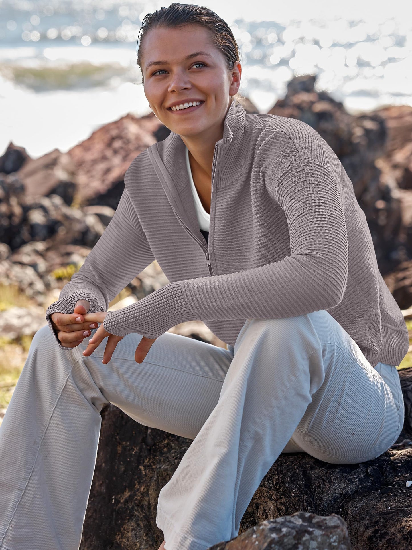 Luniro Women Quarter Zip Sweaters Long Sleeve Casual Ribbed Knit Pullover Sweater Fall Trendy Tops