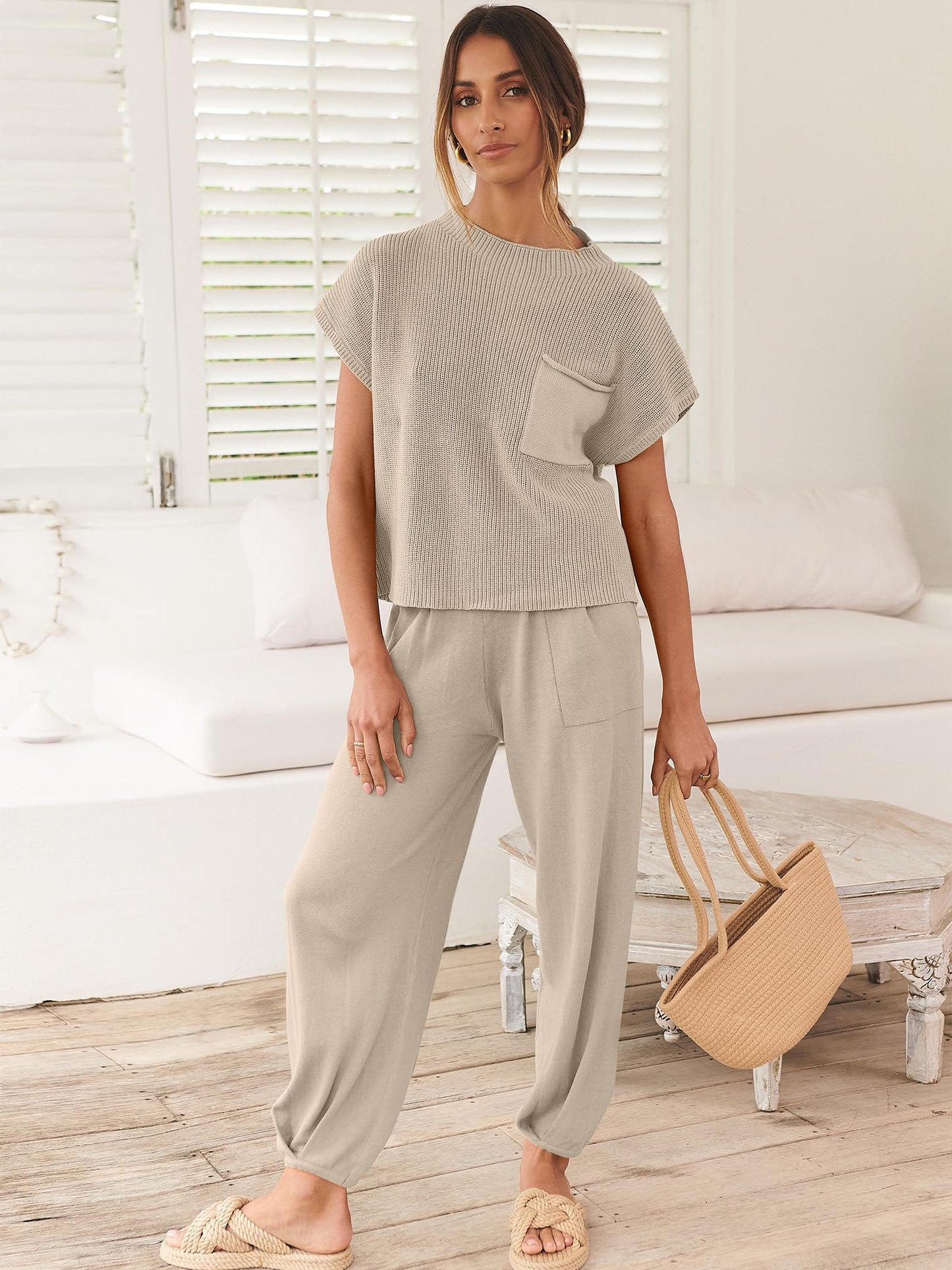 Luniro Women's Two Piece Outfits Knit Sweater Pullover Crop Top & Pants Lounge Matching Tracksuit Sweatsuit Sets