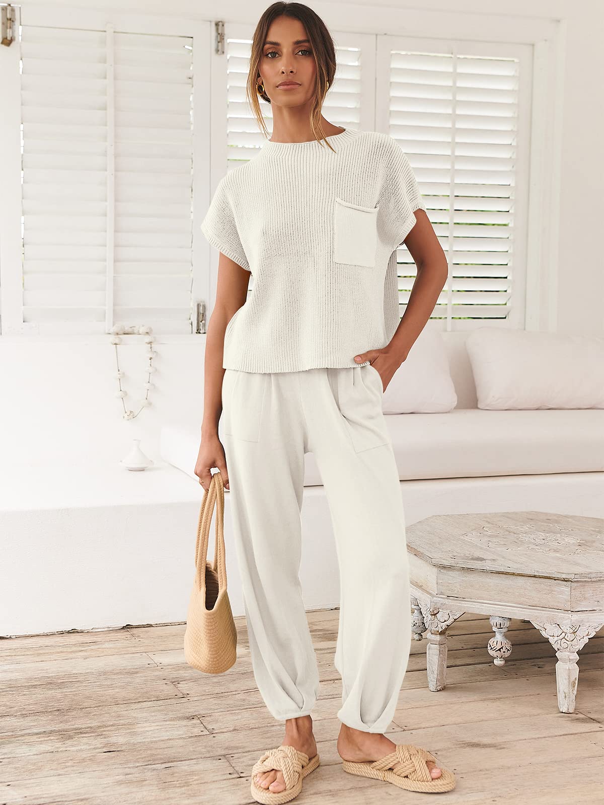 Luniro Women's Two Piece Outfits Knit Sweater Pullover Crop Top & Pants Lounge Matching Tracksuit Sweatsuit Sets