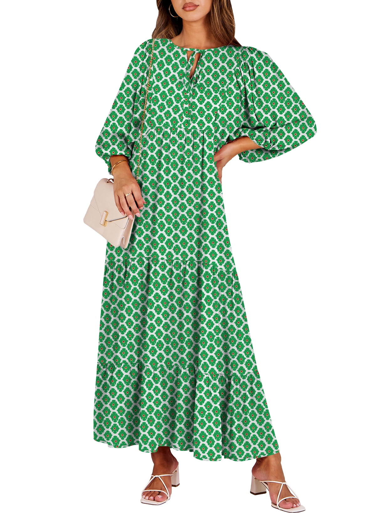Luniro Maxi Dresses for Women Floral V Neck 3/4 Puff Sleeve 2025 Boho Summer Wedding Guest Dress