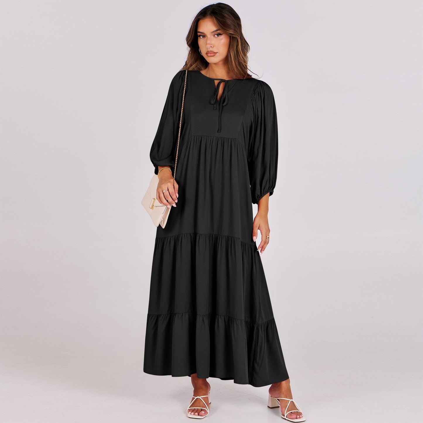 Luniro Maxi Dresses for Women Floral V Neck 3/4 Puff Sleeve 2025 Boho Summer Wedding Guest Dress
