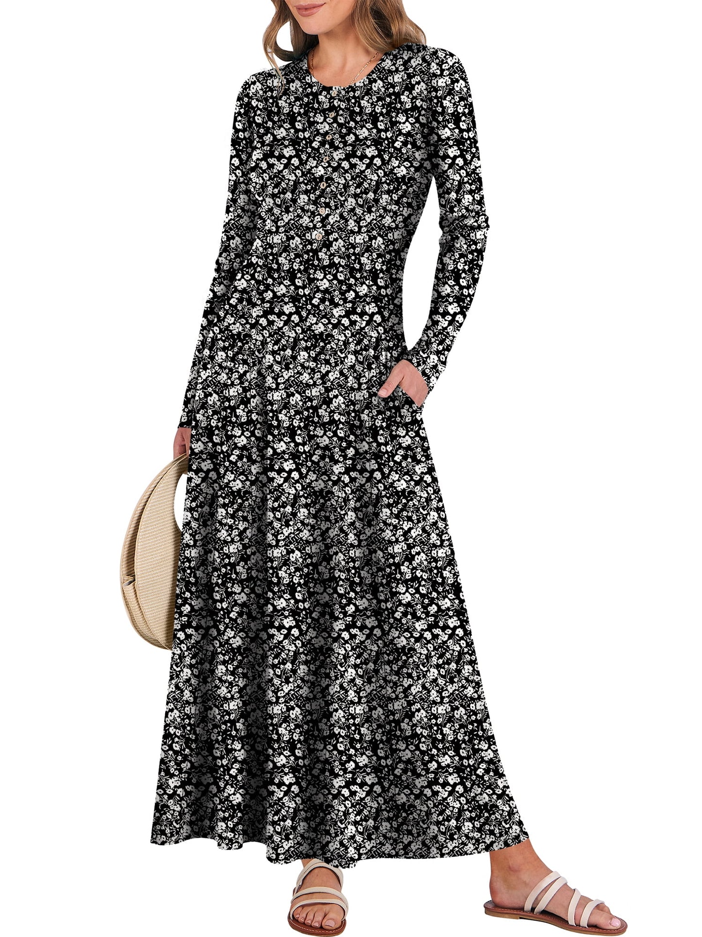 Luniro Women's Long Sleeve Long Dresses Casual Button Fit Flare A-Line Flowy 2025 Fall Maxi Dress