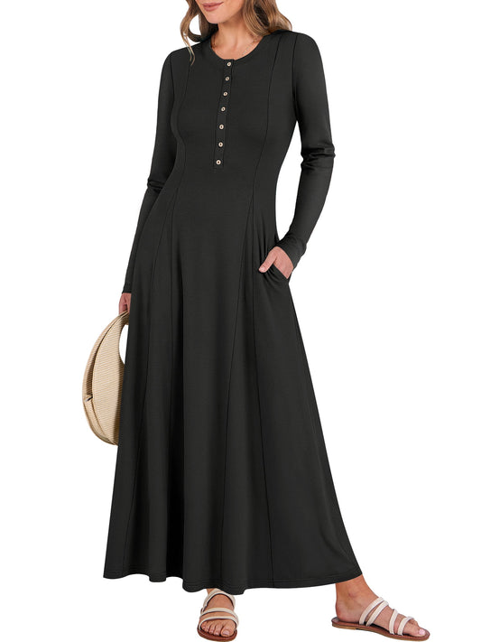 Luniro Women's Long Sleeve Long Dresses Casual Button Fit Flare A-Line Flowy 2025 Fall Maxi Dress