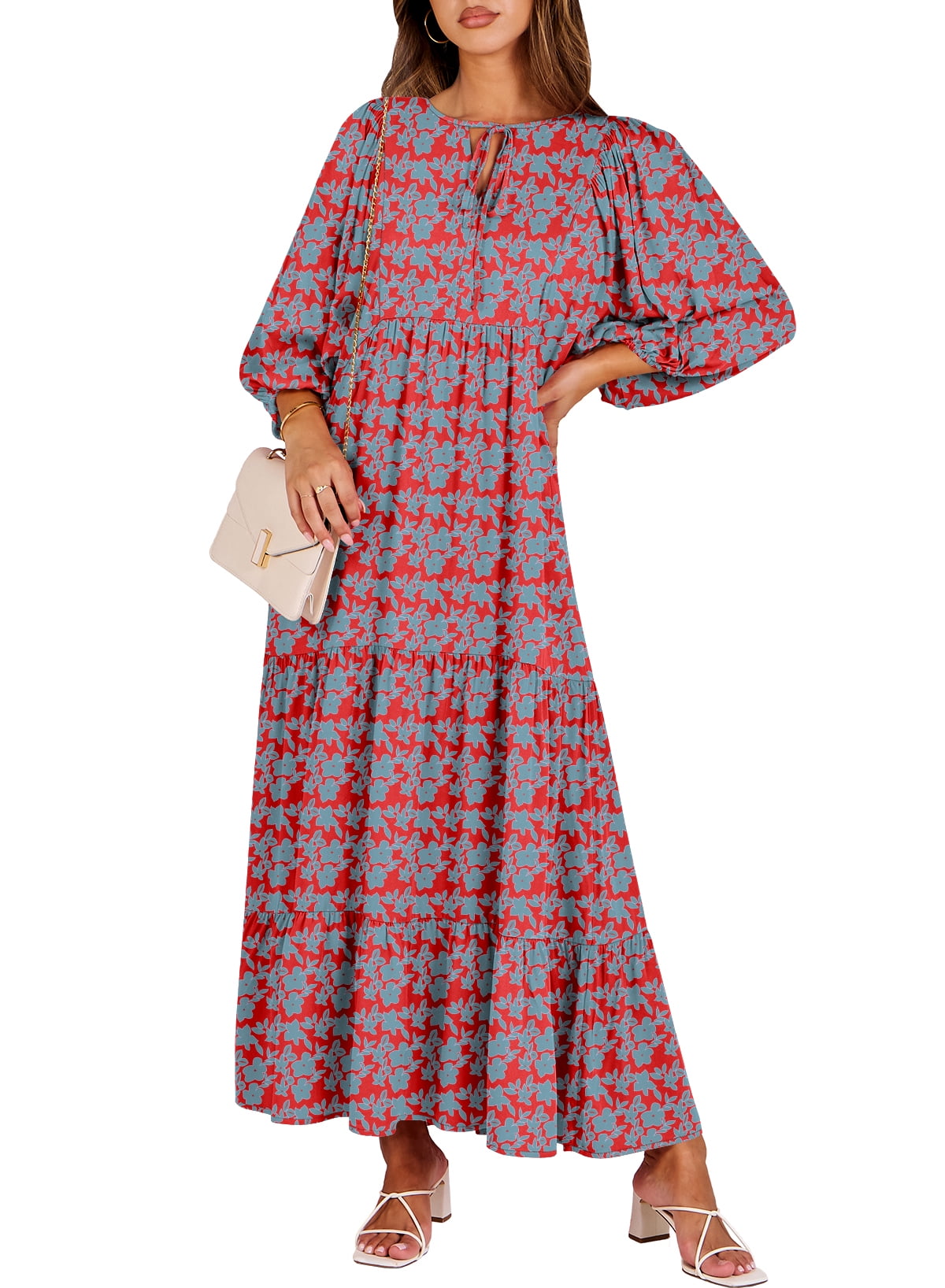 Luniro Maxi Dresses for Women Floral V Neck 3/4 Puff Sleeve 2025 Boho Summer Wedding Guest Dress