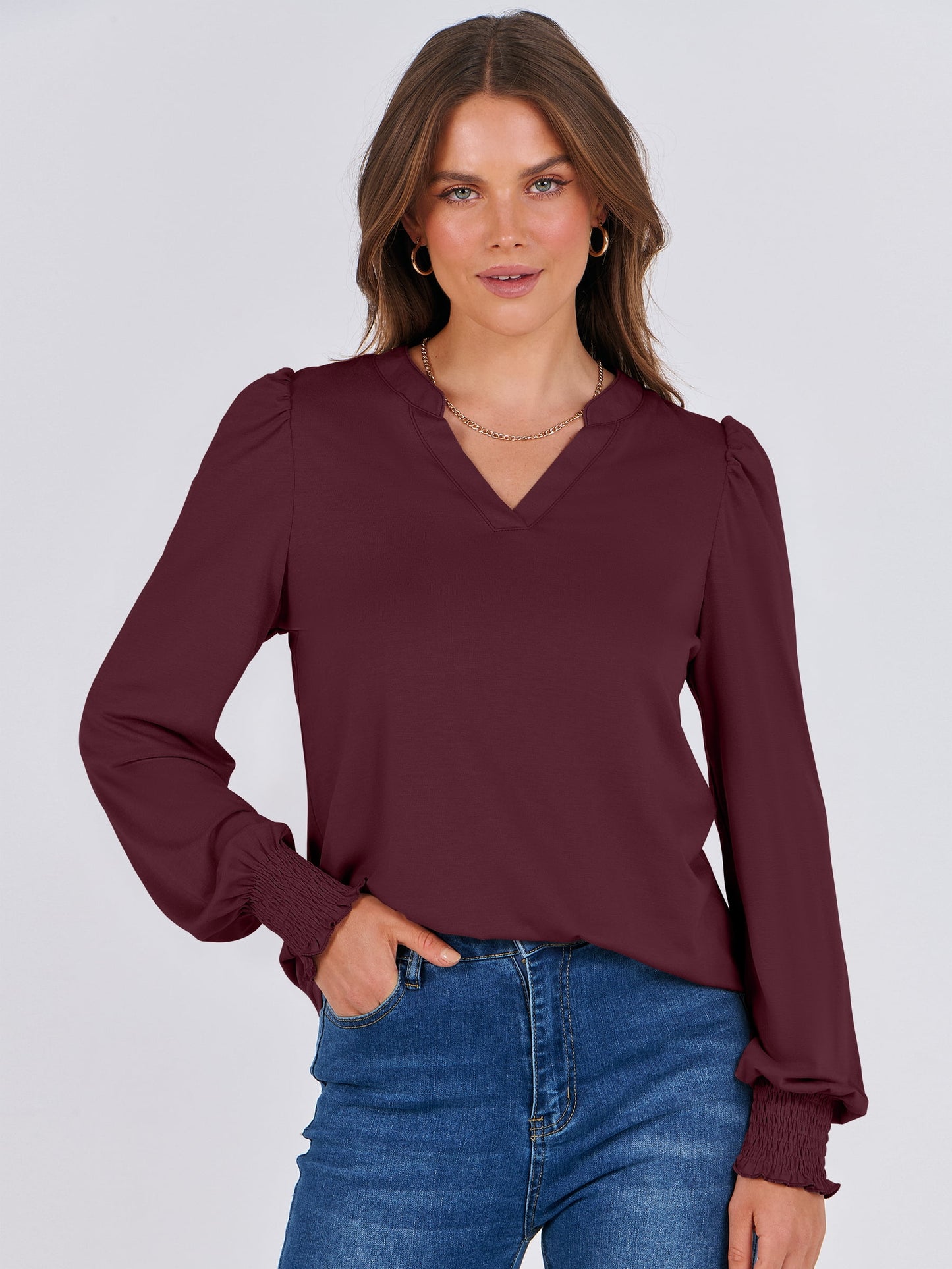 Luniro Puff Long Sleeve Shirts for Women V Neck Loose Tops Dressy Casual Work Blouses 2025 Fall Top