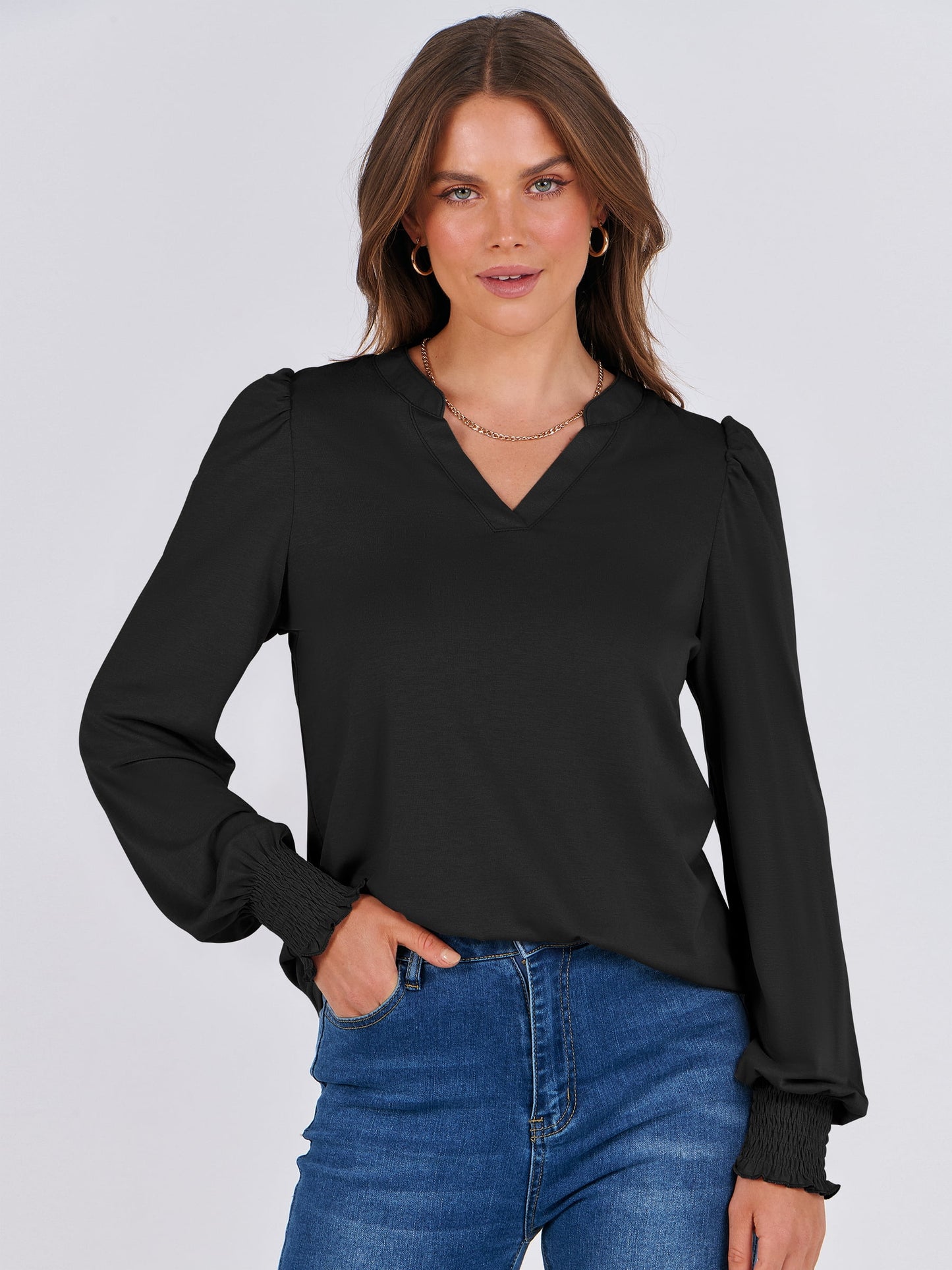 Luniro Puff Long Sleeve Shirts for Women V Neck Loose Tops Dressy Casual Work Blouses 2025 Fall Top