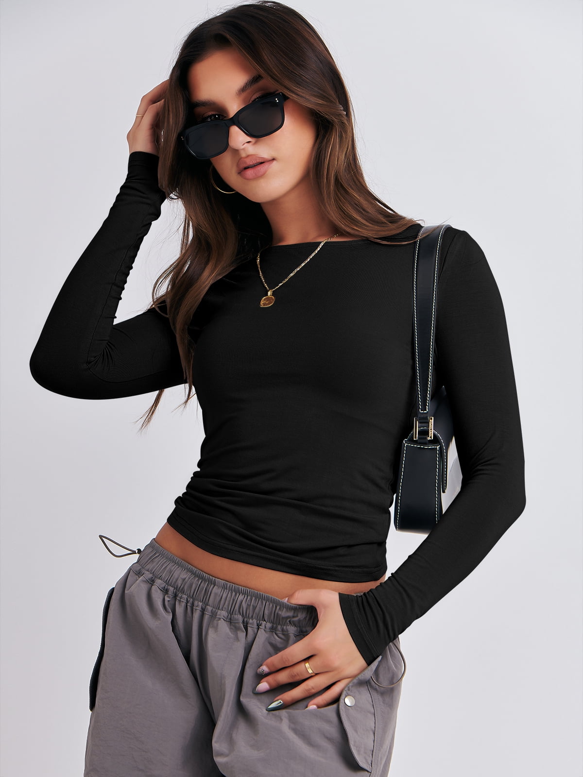 Luniro Long Sleeve Shirts for Women Boat Neck Tight Fit Going Out Crop Tops Y2k Teens Girls Basic T Shirt