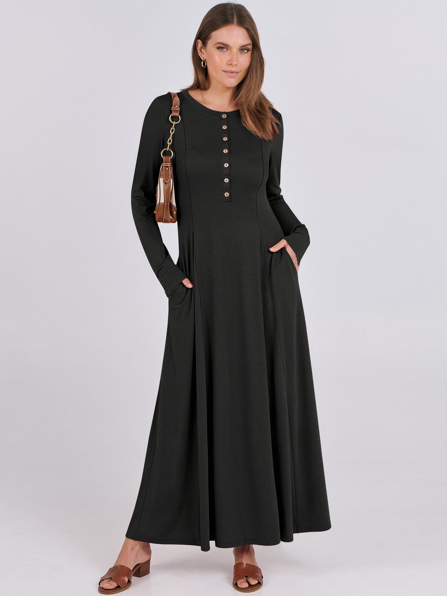 Luniro Women's Long Sleeve Long Dresses Casual Button Fit Flare A-Line Flowy 2025 Fall Maxi Dress