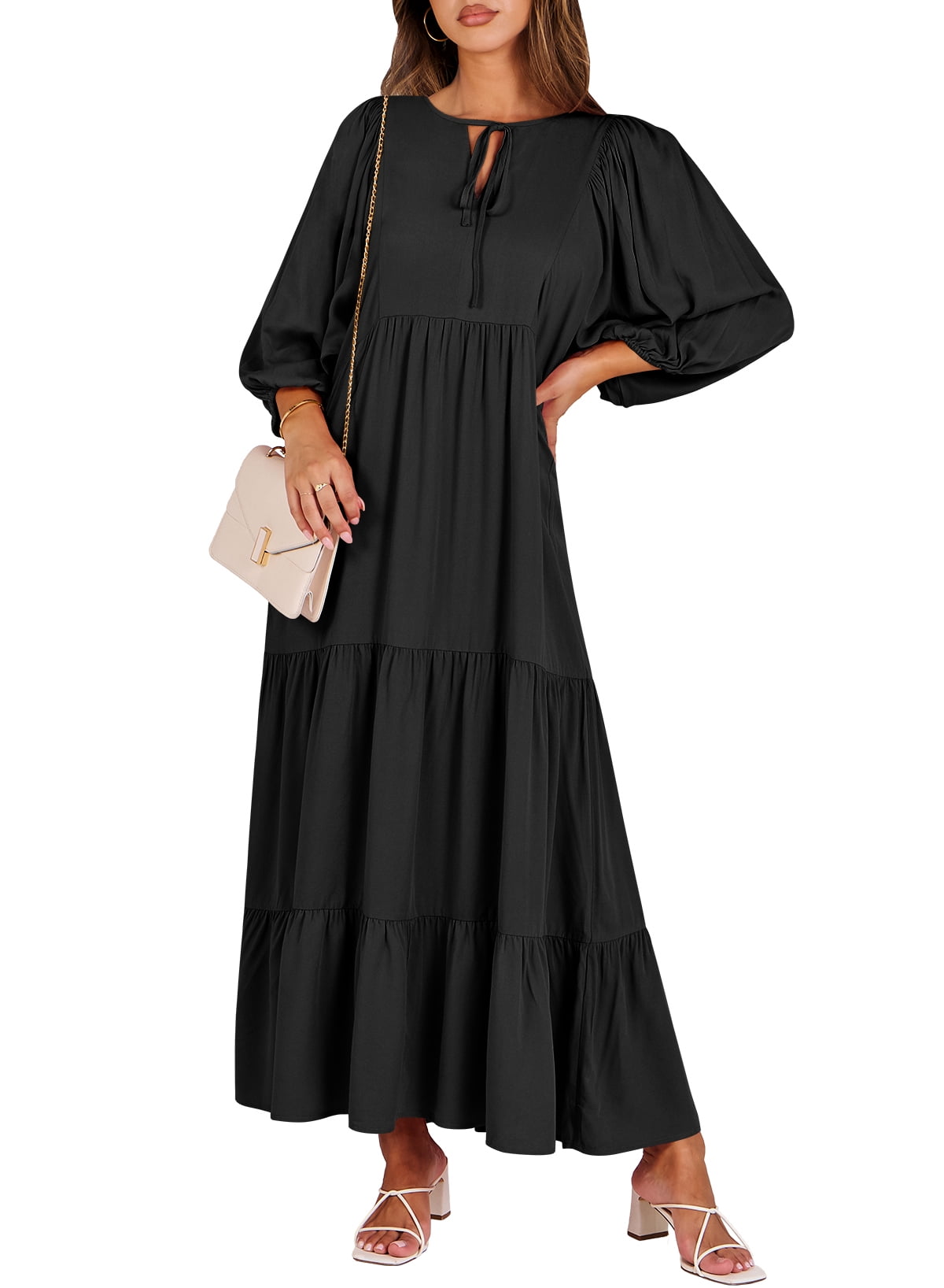 Luniro Maxi Dresses for Women Floral V Neck 3/4 Puff Sleeve 2025 Boho Summer Wedding Guest Dress