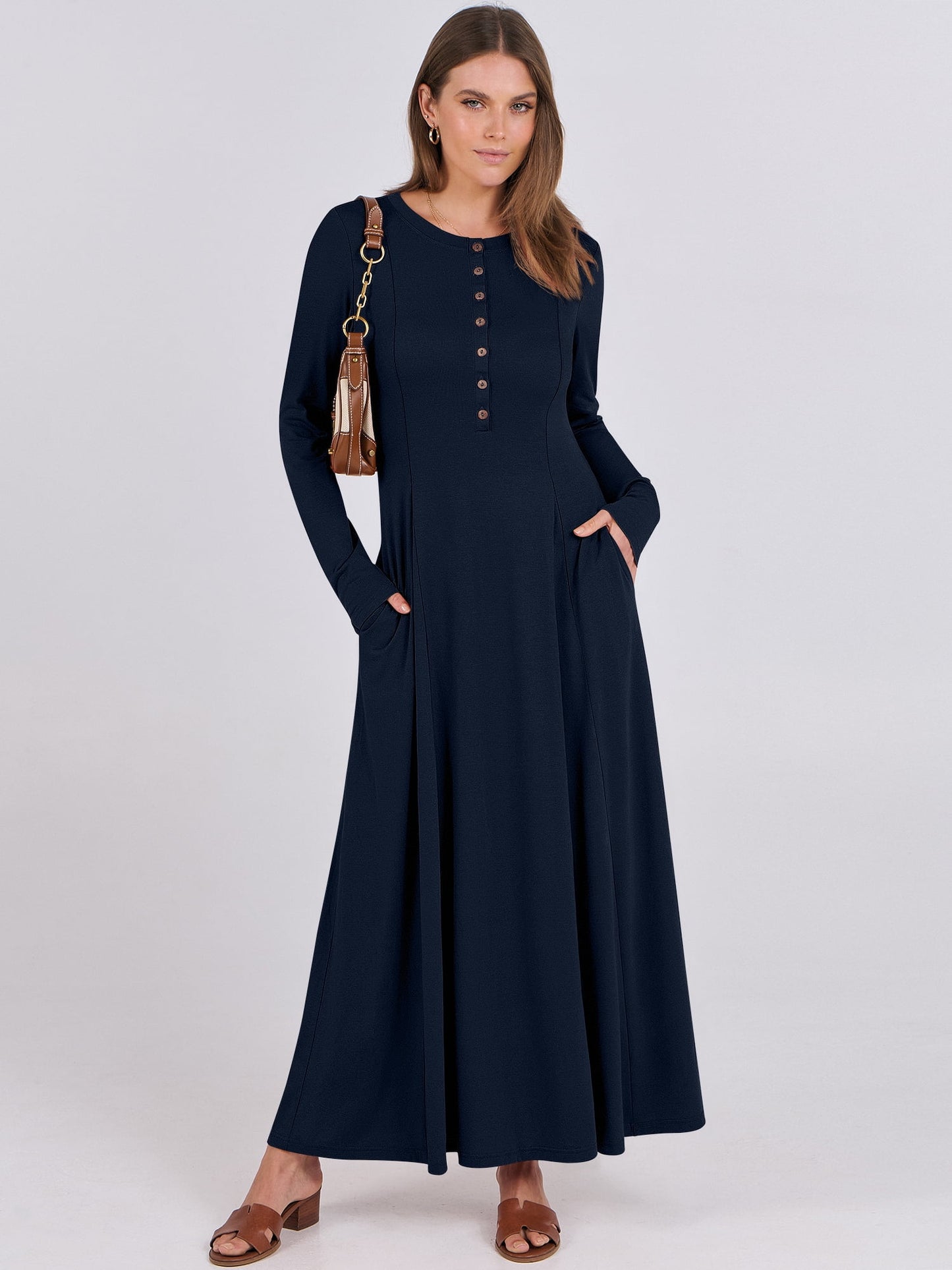Luniro Women's Long Sleeve Long Dresses Casual Button Fit Flare A-Line Flowy 2025 Fall Maxi Dress