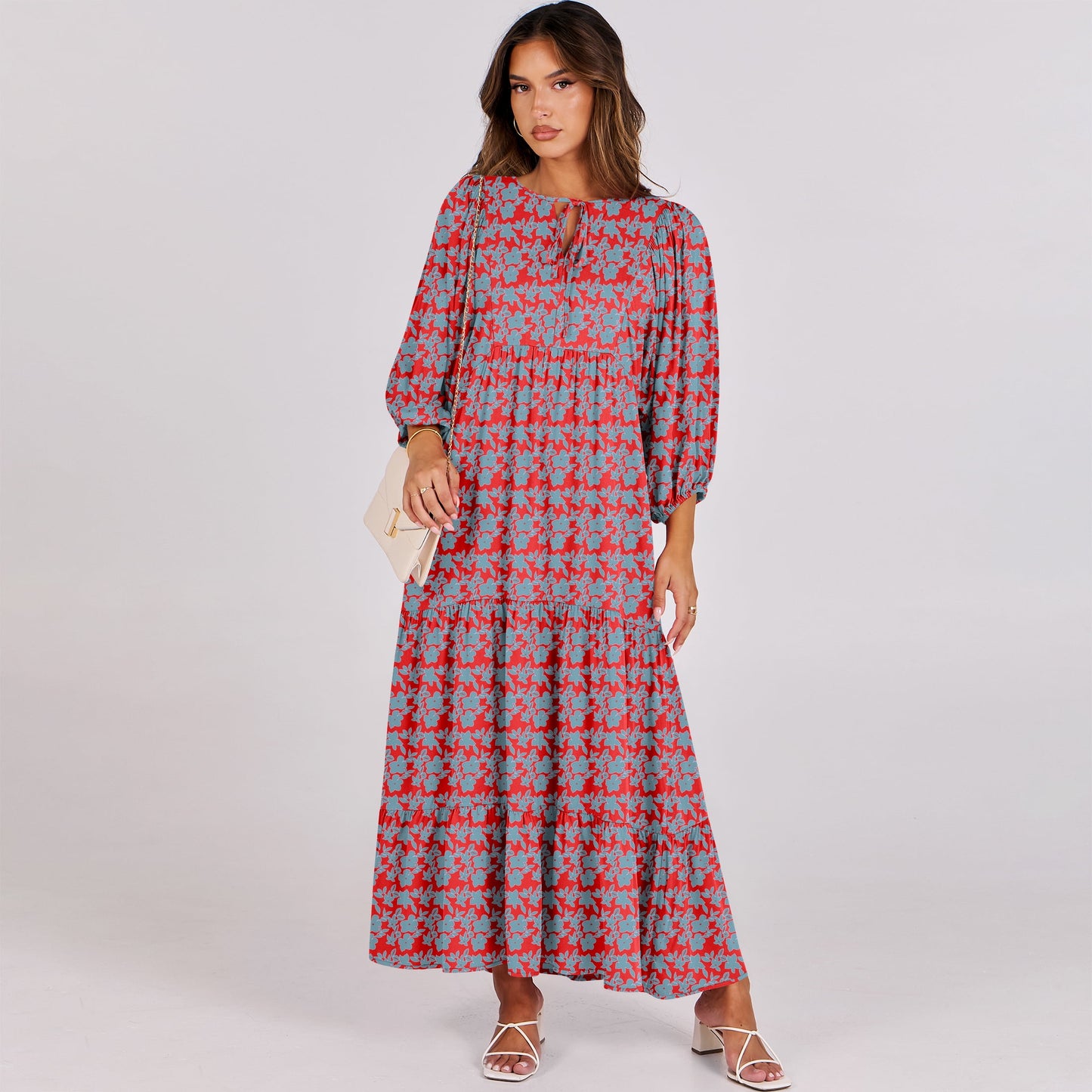 Luniro Maxi Dresses for Women Floral V Neck 3/4 Puff Sleeve 2025 Boho Summer Wedding Guest Dress