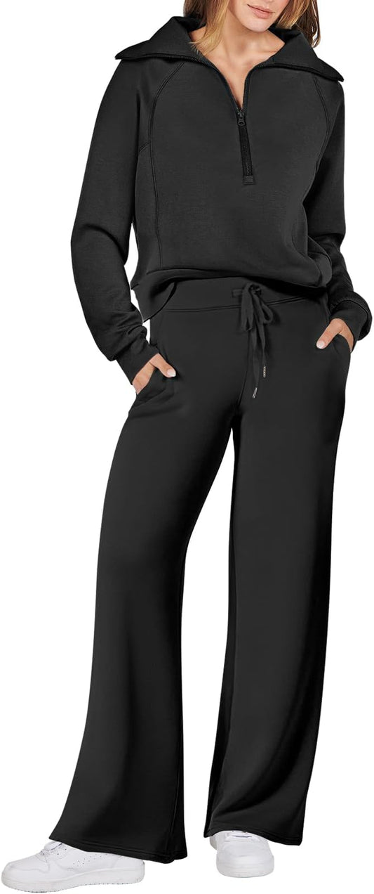 Luniro Women 2 Piece Sets Lapel Half Zip Sweatshirt And Pants Sweatsuit Airport Outfits Matching Set