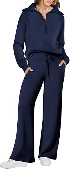 Luniro Women 2 Piece Sets Lapel Half Zip Sweatshirt And Pants Sweatsuit Airport Outfits Matching Set