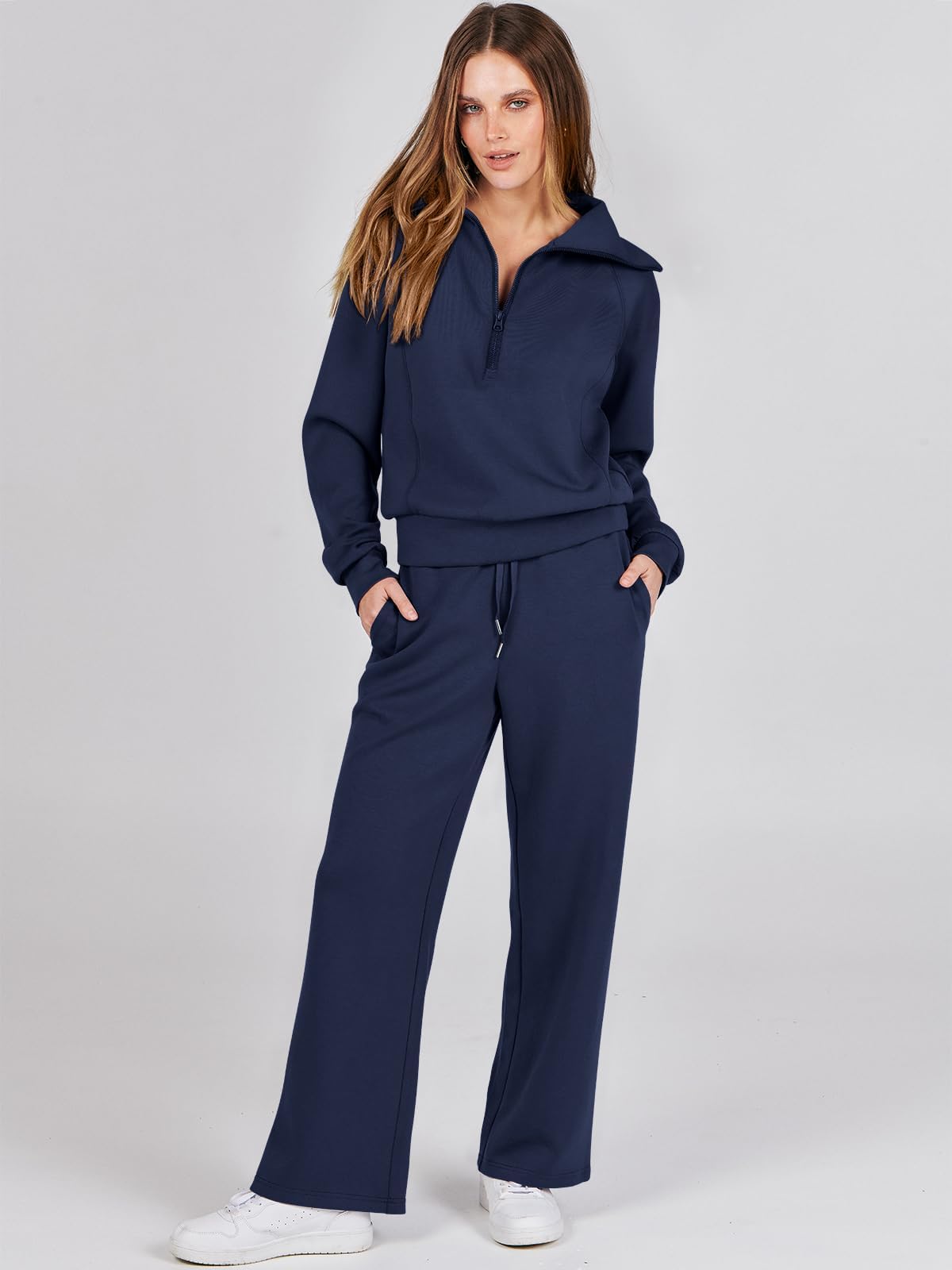 Luniro Women 2 Piece Sets Lapel Half Zip Sweatshirt And Pants Sweatsuit Airport Outfits Matching Set
