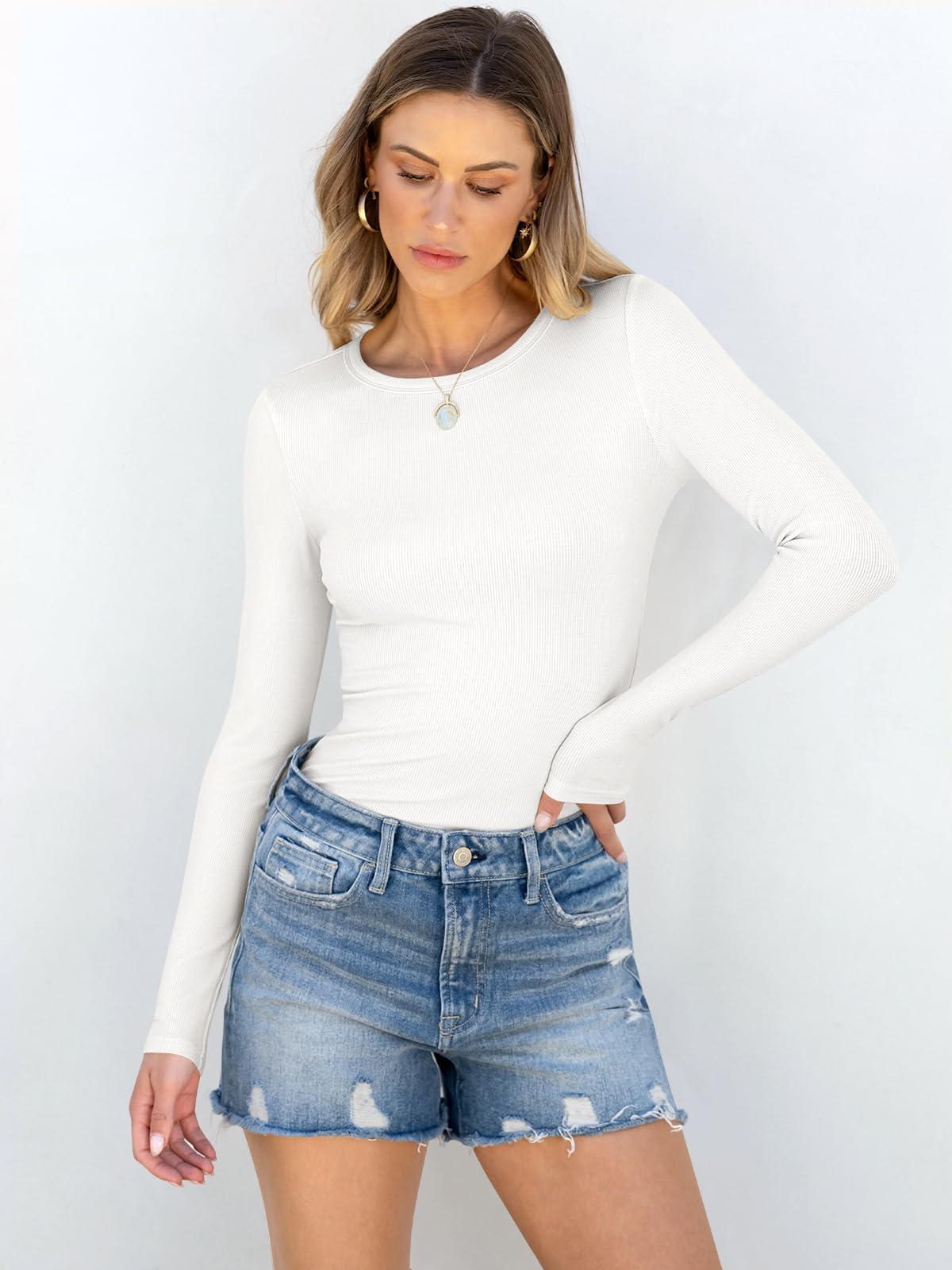 Luniro Women Long Sleeve T-Shirt Crewneck Rib Knit Slim Fit Shirts 2025 Casual Basic Tee Tops