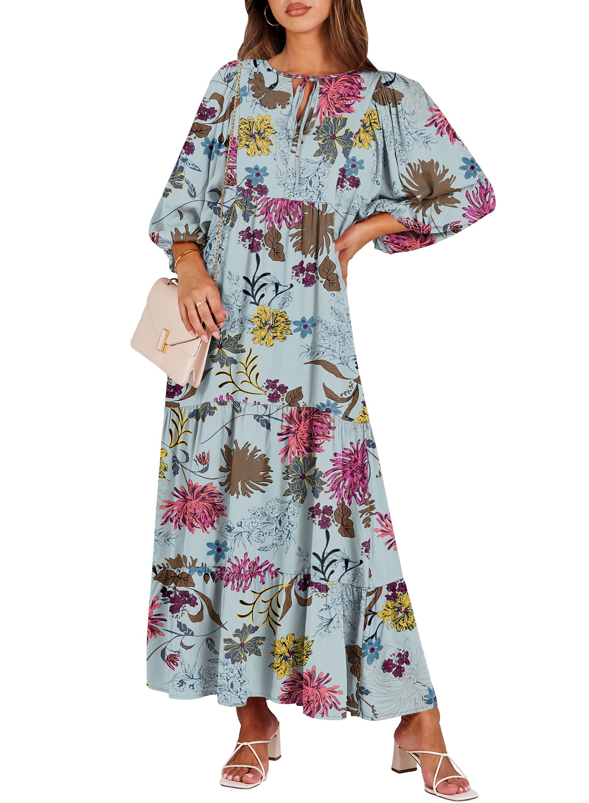 Luniro Maxi Dresses for Women Floral V Neck 3/4 Puff Sleeve 2025 Boho Summer Wedding Guest Dress