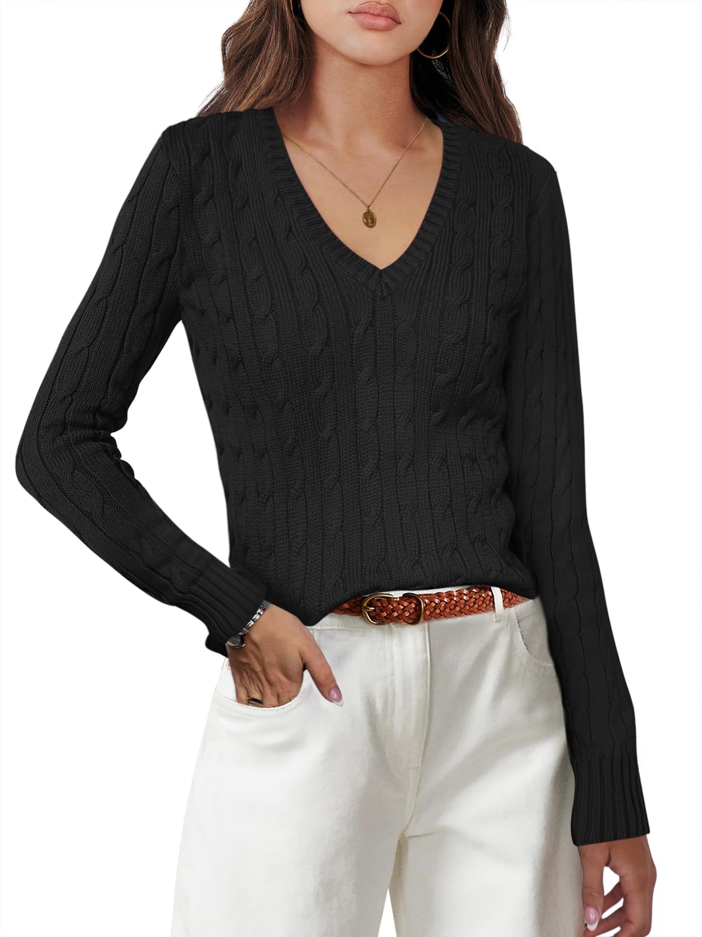 Luniro Women's Cable Knit Sweater V Neck Pullover Sweaters Fall Tops Business Casual Outfits Clothes