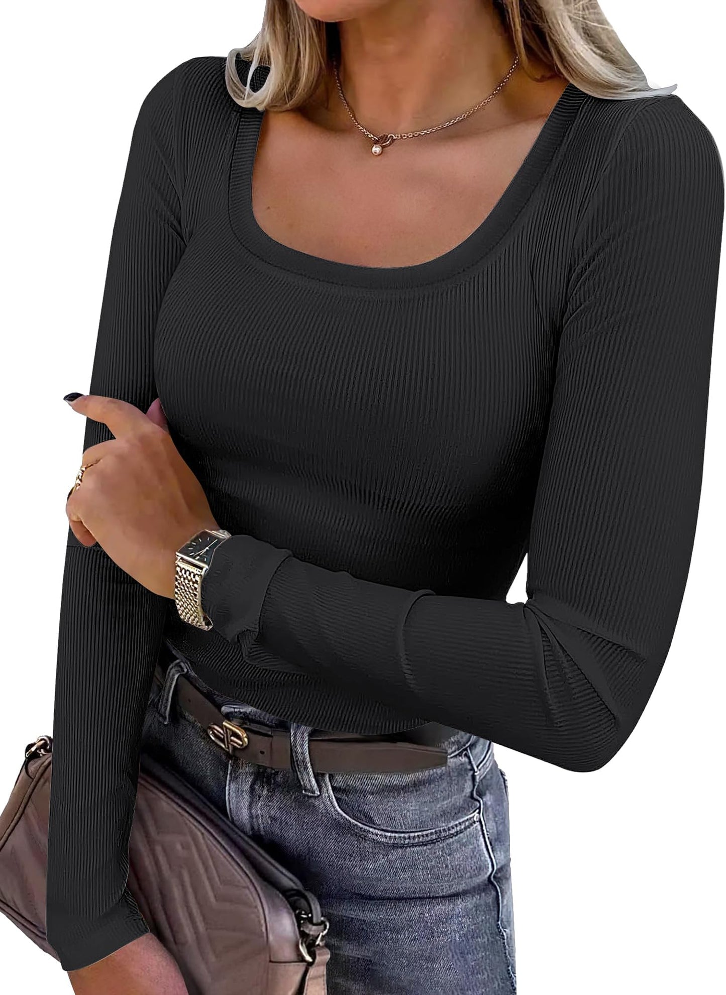 Luniro Women Scoop Neck Long Sleeve Shirts Ribbed Slim Fit Casual Top Undershirt Fall Trendy Clothes