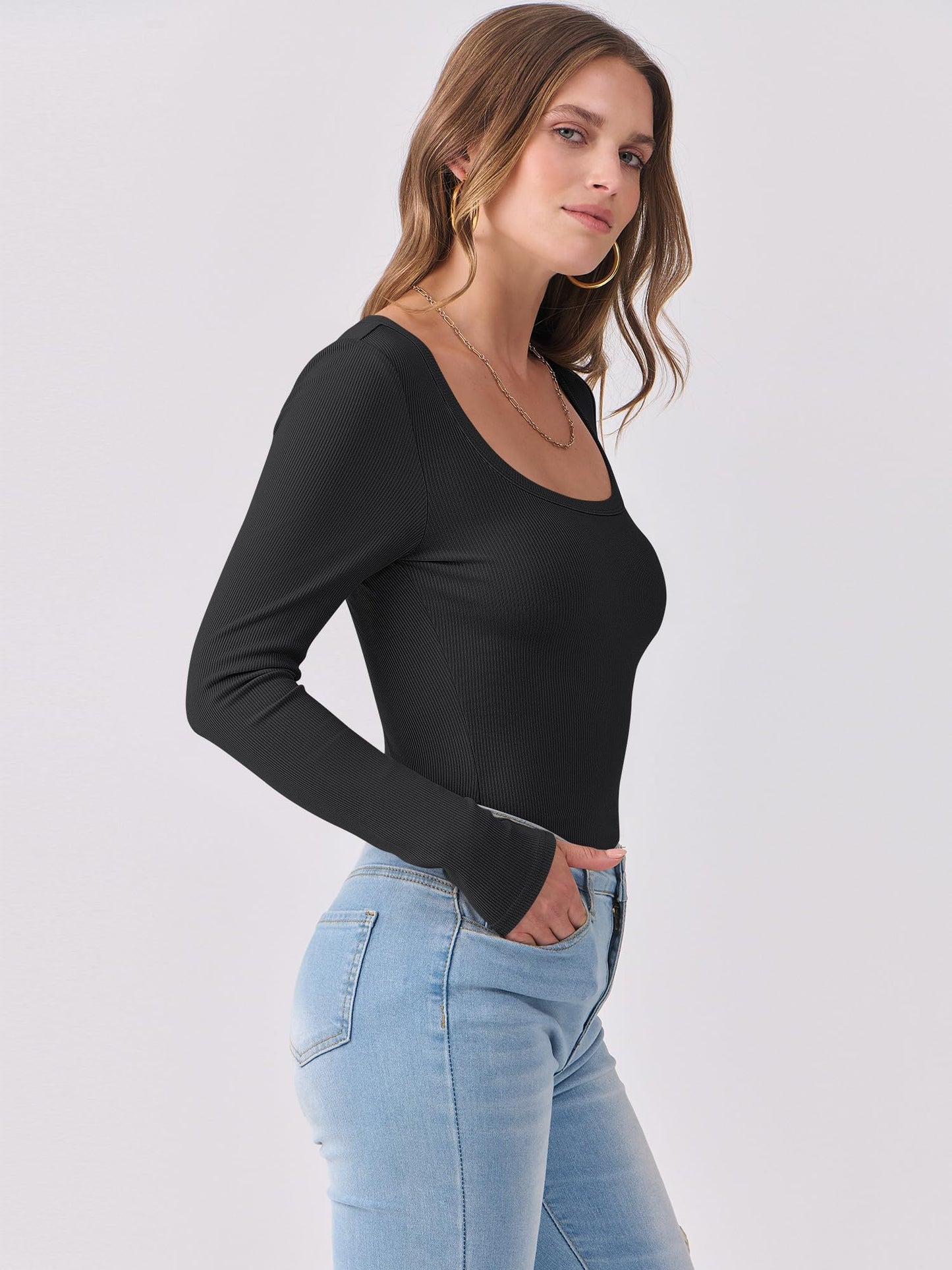 Luniro Women Scoop Neck Long Sleeve Shirts Ribbed Slim Fit Casual Top Undershirt Fall Trendy Clothes