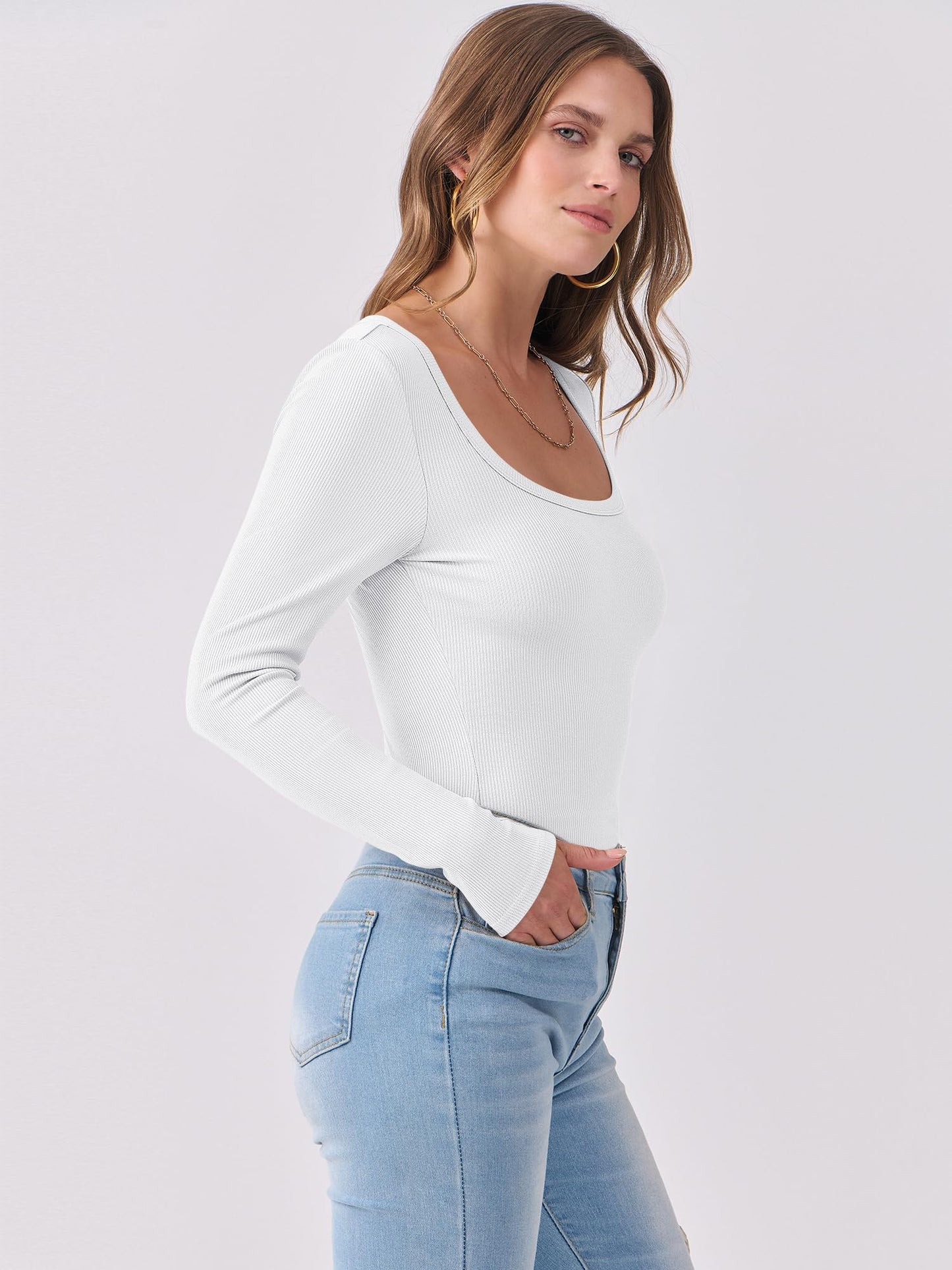 Luniro Women Scoop Neck Long Sleeve Shirts Ribbed Slim Fit Casual Top Undershirt Fall Trendy Clothes