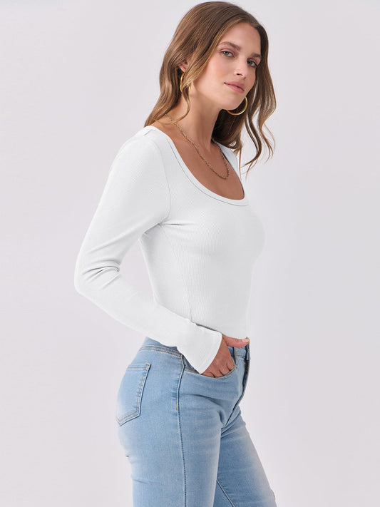 Luniro Women Scoop Neck Long Sleeve Shirts Ribbed Slim Fit Casual Top Undershirt Fall Trendy Clothes