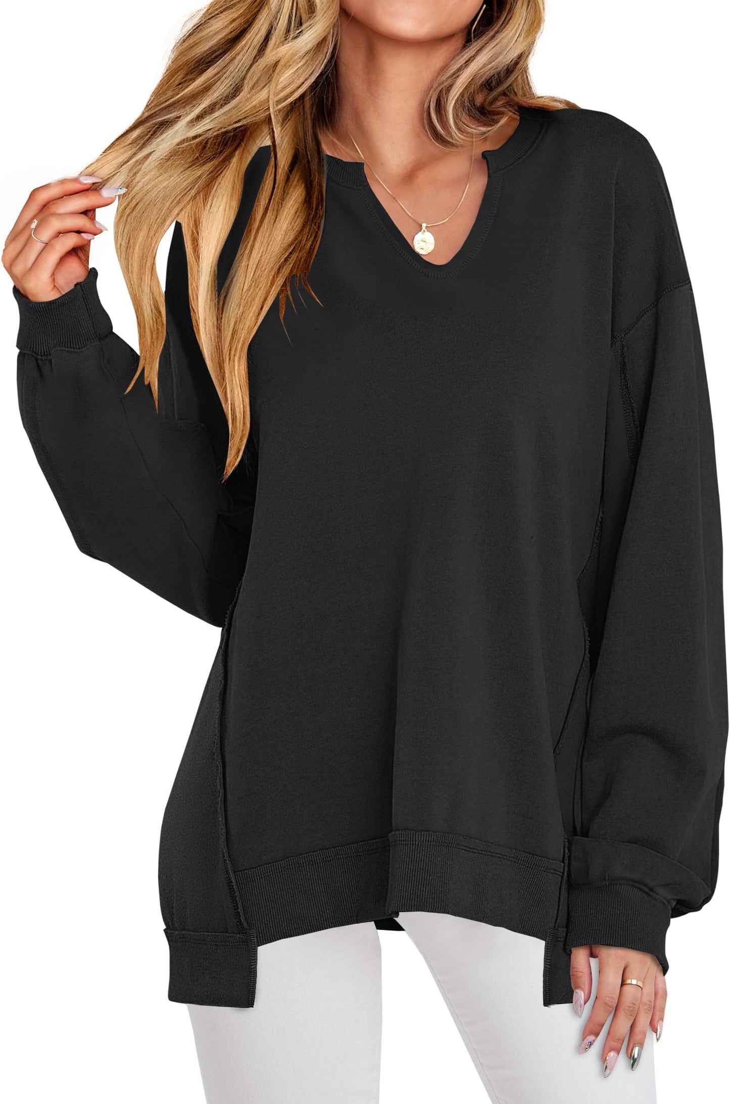 Luniro Women's Oversized Sweatshirts Long Sleeve V Neck Shirt Loose Trendy Fall Pullover Tops Size S-XXL