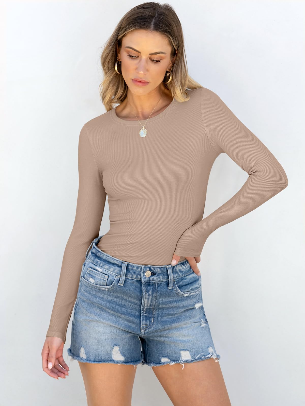 Luniro Women Long Sleeve T-Shirt Crewneck Rib Knit Slim Fit Shirts 2025 Casual Basic Tee Tops