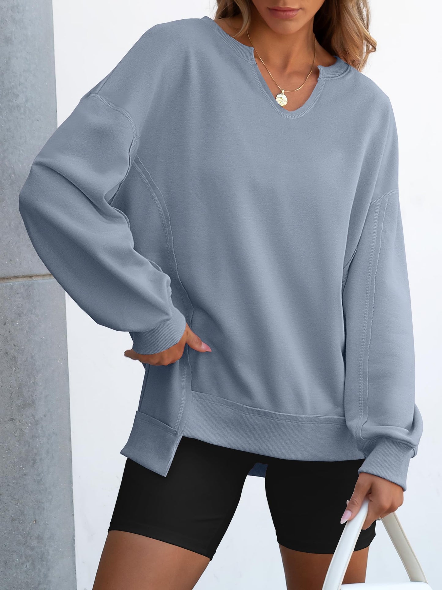 Luniro Women's Oversized Sweatshirts Long Sleeve V Neck Shirt Loose Trendy Fall Pullover Tops Size S-XXL