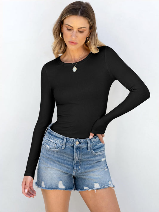 Luniro Women Long Sleeve T-Shirt Crewneck Rib Knit Slim Fit Shirts 2025 Casual Basic Tee Tops