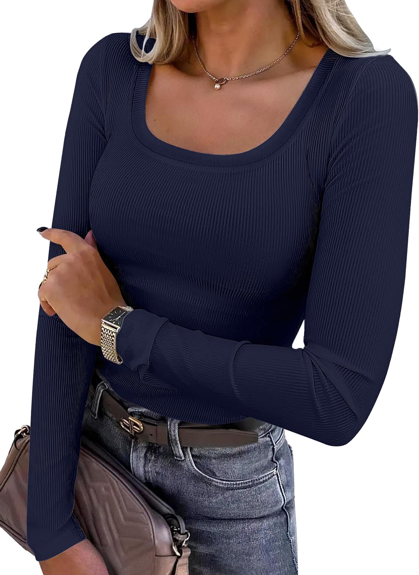 Luniro Women Scoop Neck Long Sleeve Shirts Ribbed Slim Fit Casual Top Undershirt Fall Trendy Clothes