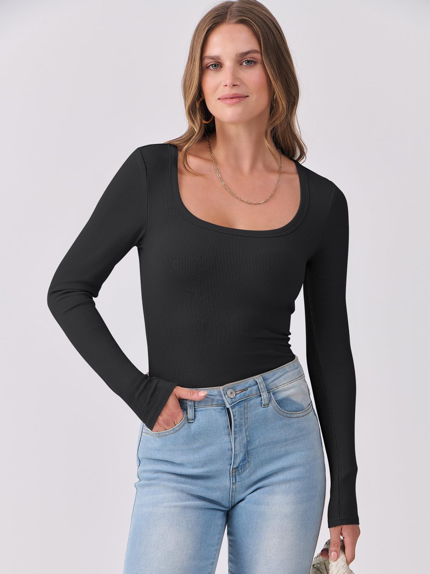 Luniro Women Scoop Neck Long Sleeve Shirts Ribbed Slim Fit Casual Top Undershirt Fall Trendy Clothes