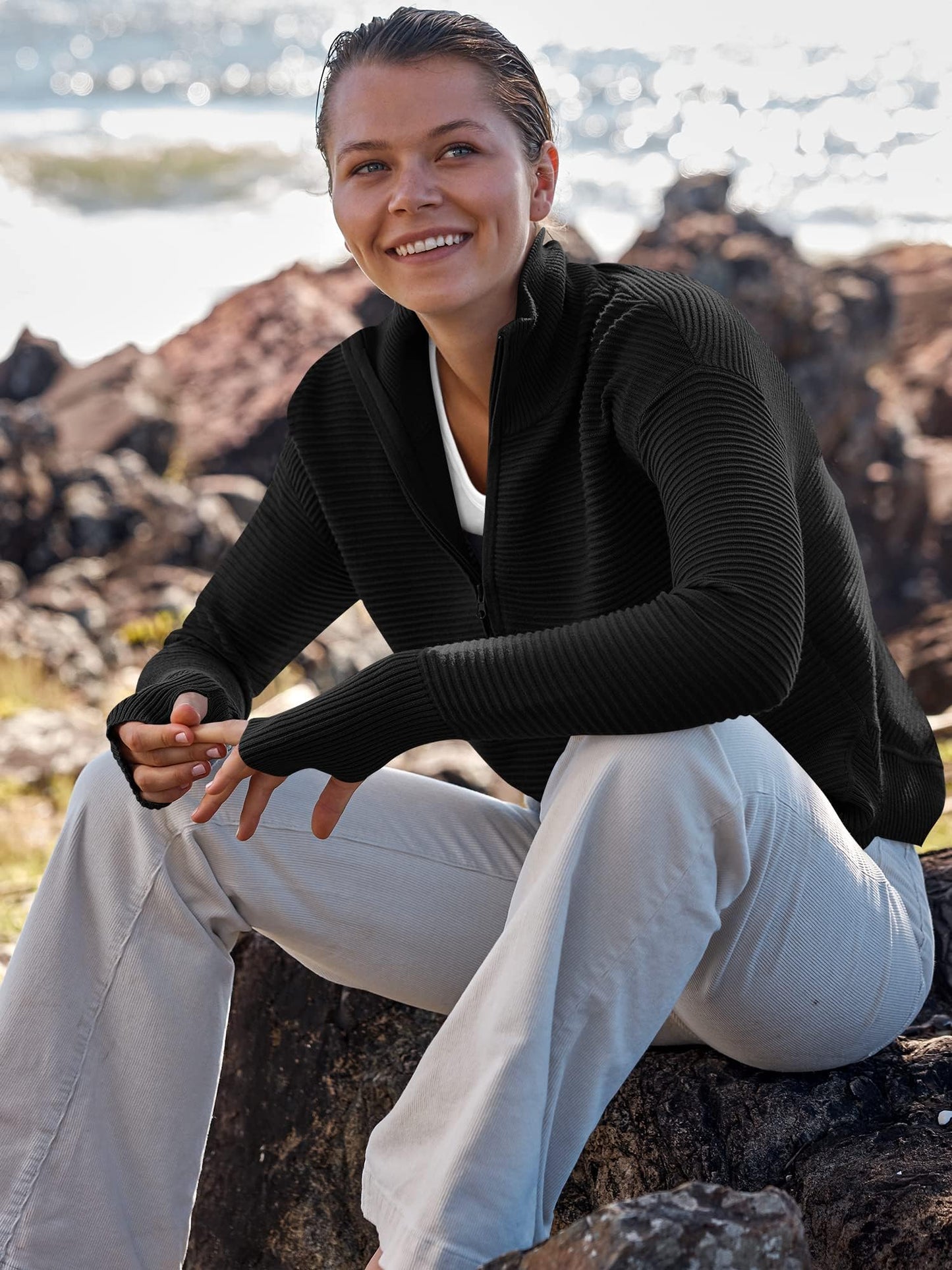 Luniro Women Quarter Zip Sweaters Long Sleeve Casual Ribbed Knit Pullover Sweater Fall Trendy Tops