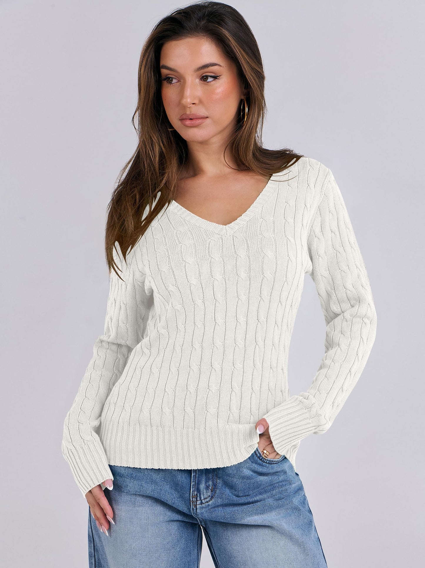 Luniro Women's Cable Knit Sweater V Neck Pullover Sweaters Fall Tops Business Casual Outfits Clothes