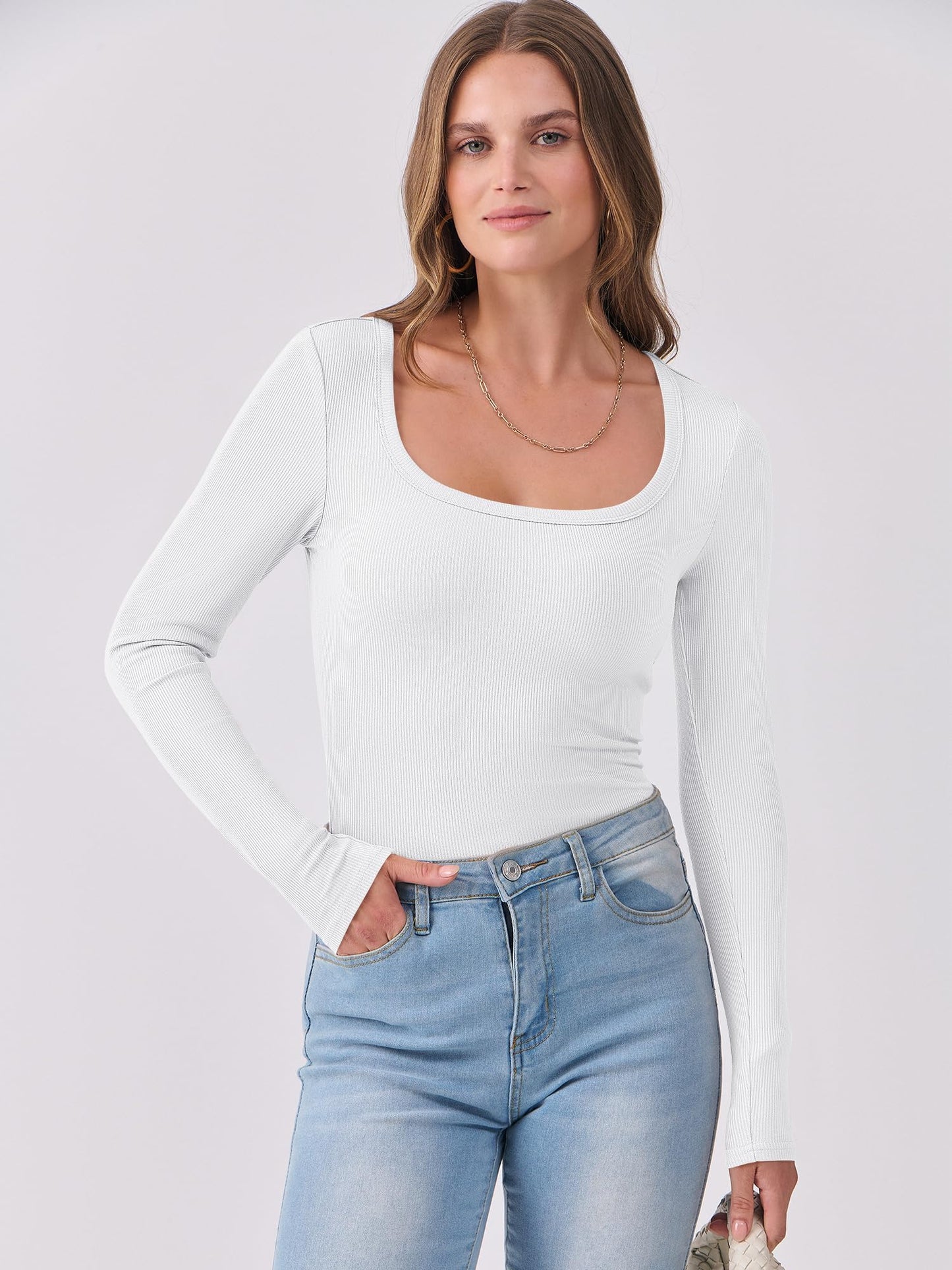 Luniro Women Scoop Neck Long Sleeve Shirts Ribbed Slim Fit Casual Top Undershirt Fall Trendy Clothes