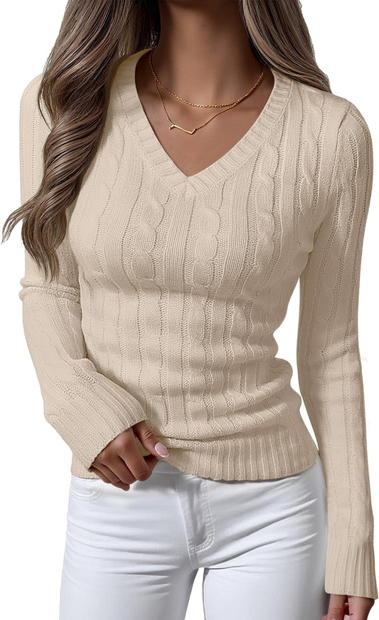 Luniro Women's Cable Knit Sweater V Neck Pullover Sweaters Fall Tops Business Casual Outfits Clothes