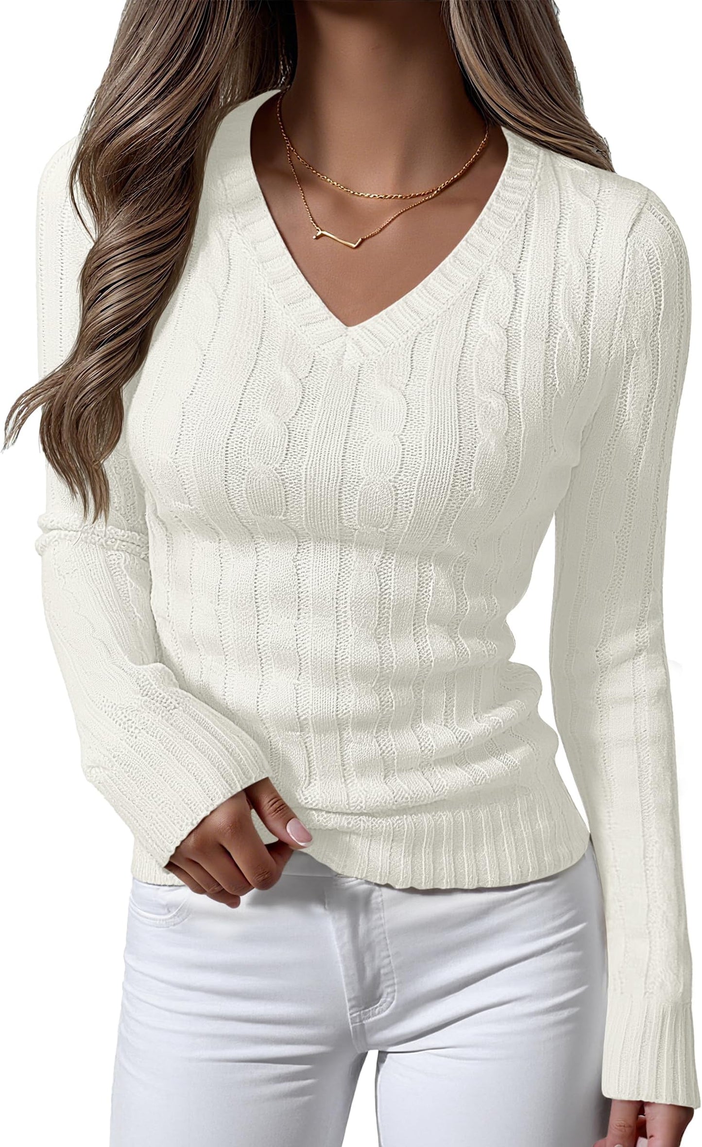 Luniro Women's Cable Knit Sweater V Neck Pullover Sweaters Fall Tops Business Casual Outfits Clothes