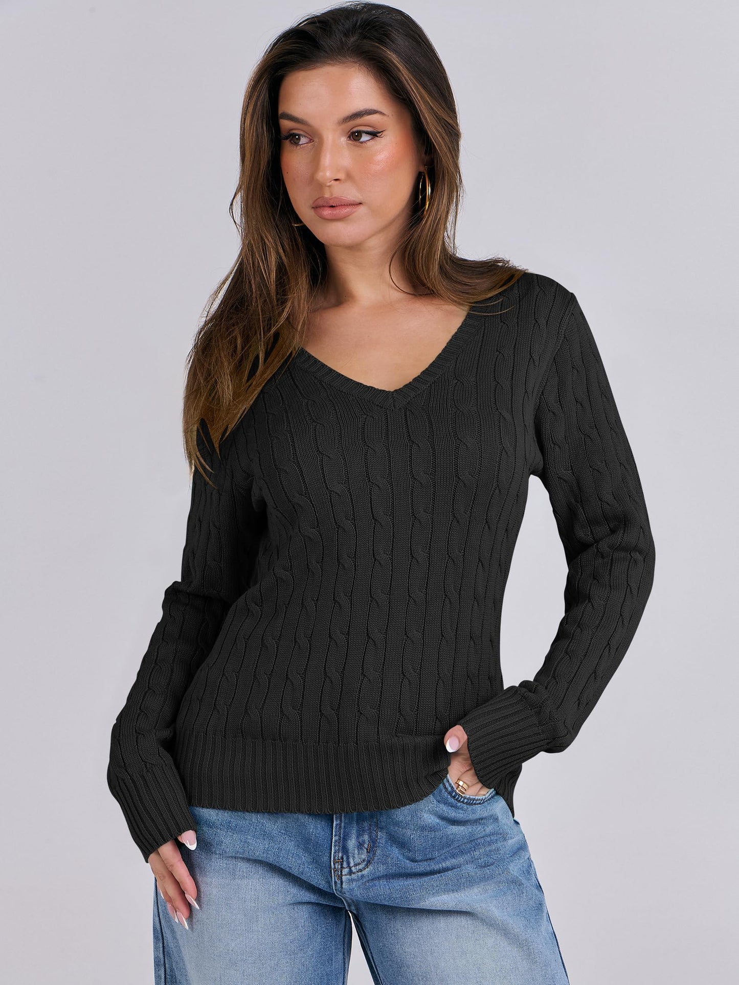 Luniro Women's Cable Knit Sweater V Neck Pullover Sweaters Fall Tops Business Casual Outfits Clothes
