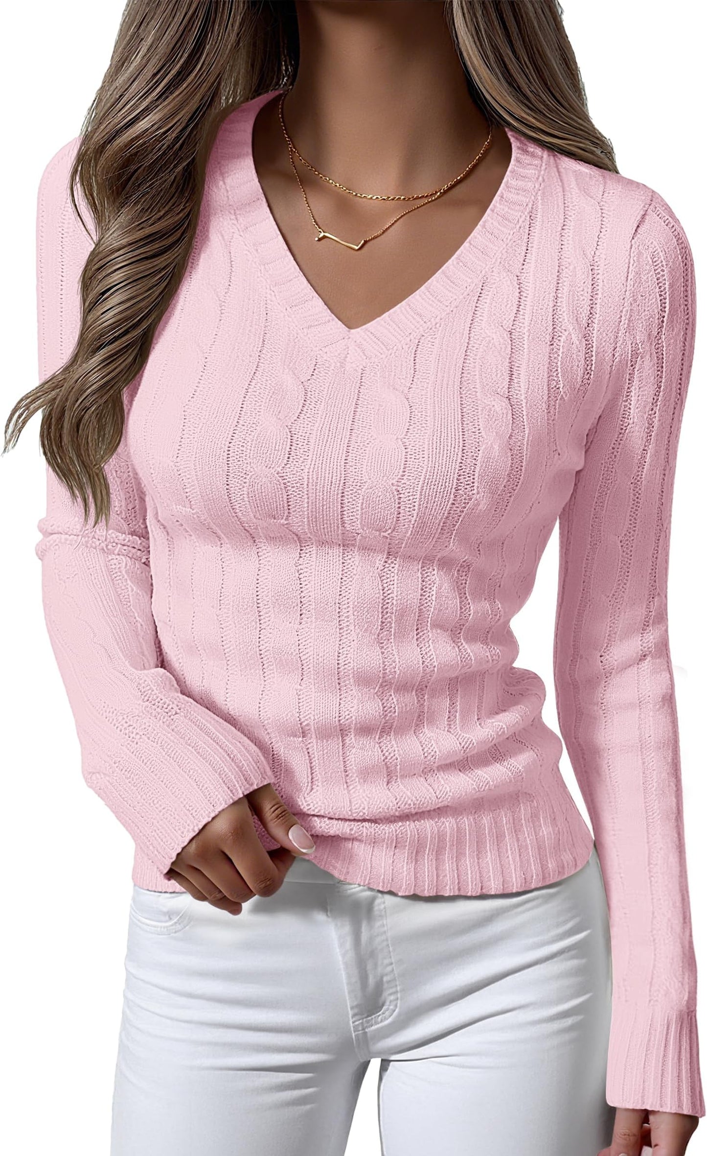 Luniro Women's Cable Knit Sweater V Neck Pullover Sweaters Fall Tops Business Casual Outfits Clothes