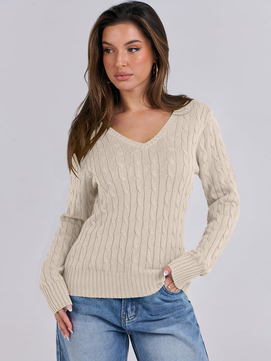 Luniro Women's Cable Knit Sweater V Neck Pullover Sweaters Fall Tops Business Casual Outfits Clothes
