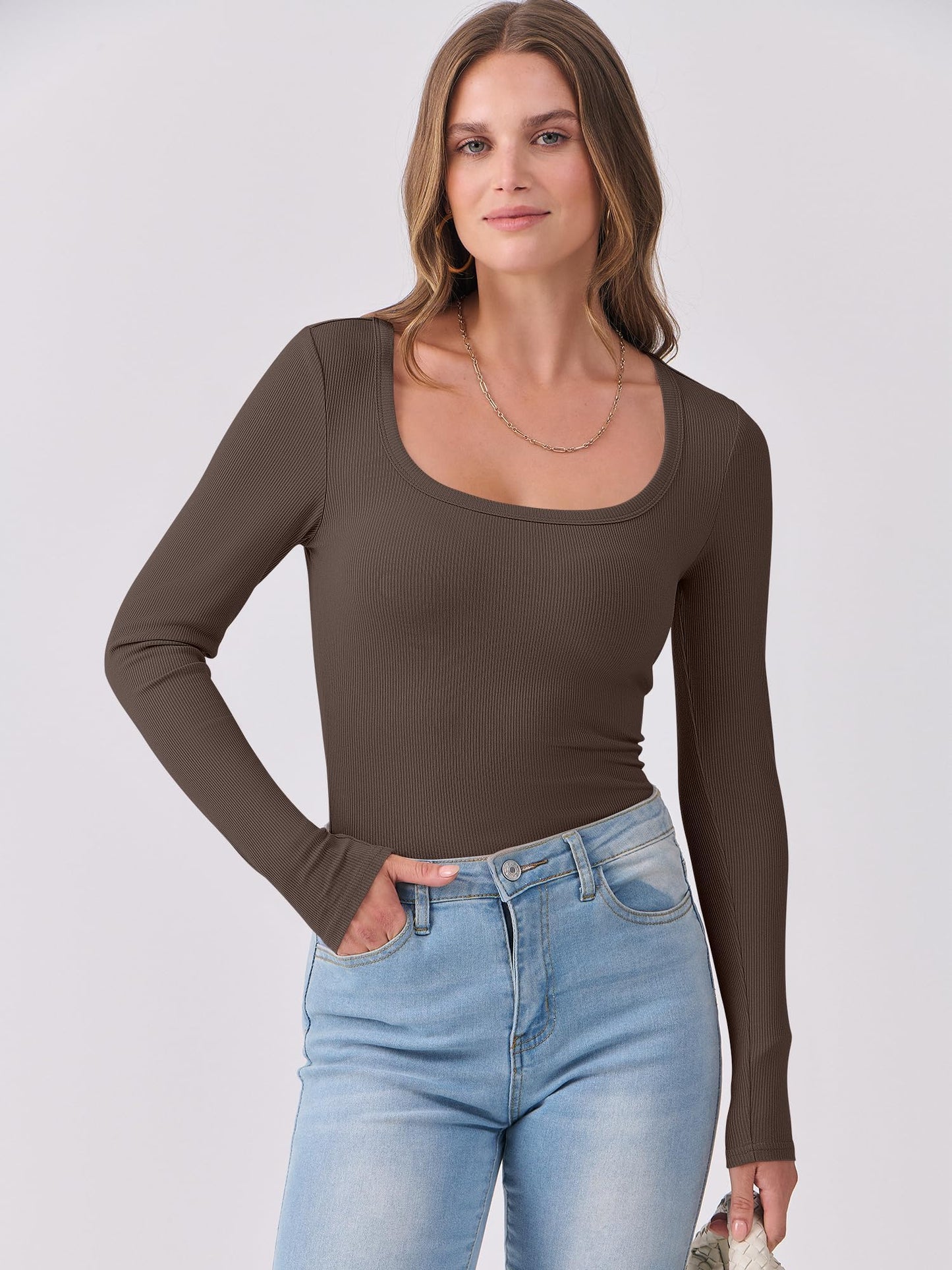 Luniro Women Scoop Neck Long Sleeve Shirts Ribbed Slim Fit Casual Top Undershirt Fall Trendy Clothes